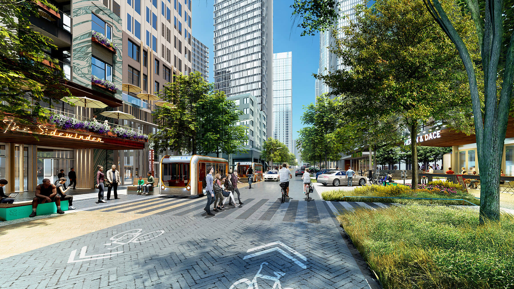 Rendering of The River Mile project, transforming the landscape along the Platte River between the Pepsi Center and Empower Field, one project highlighted by the Downtown Denver Partnership during the Colorado Commercial Real Estate Symposium (COURTESY OF RIVESCO PROPERTIES)