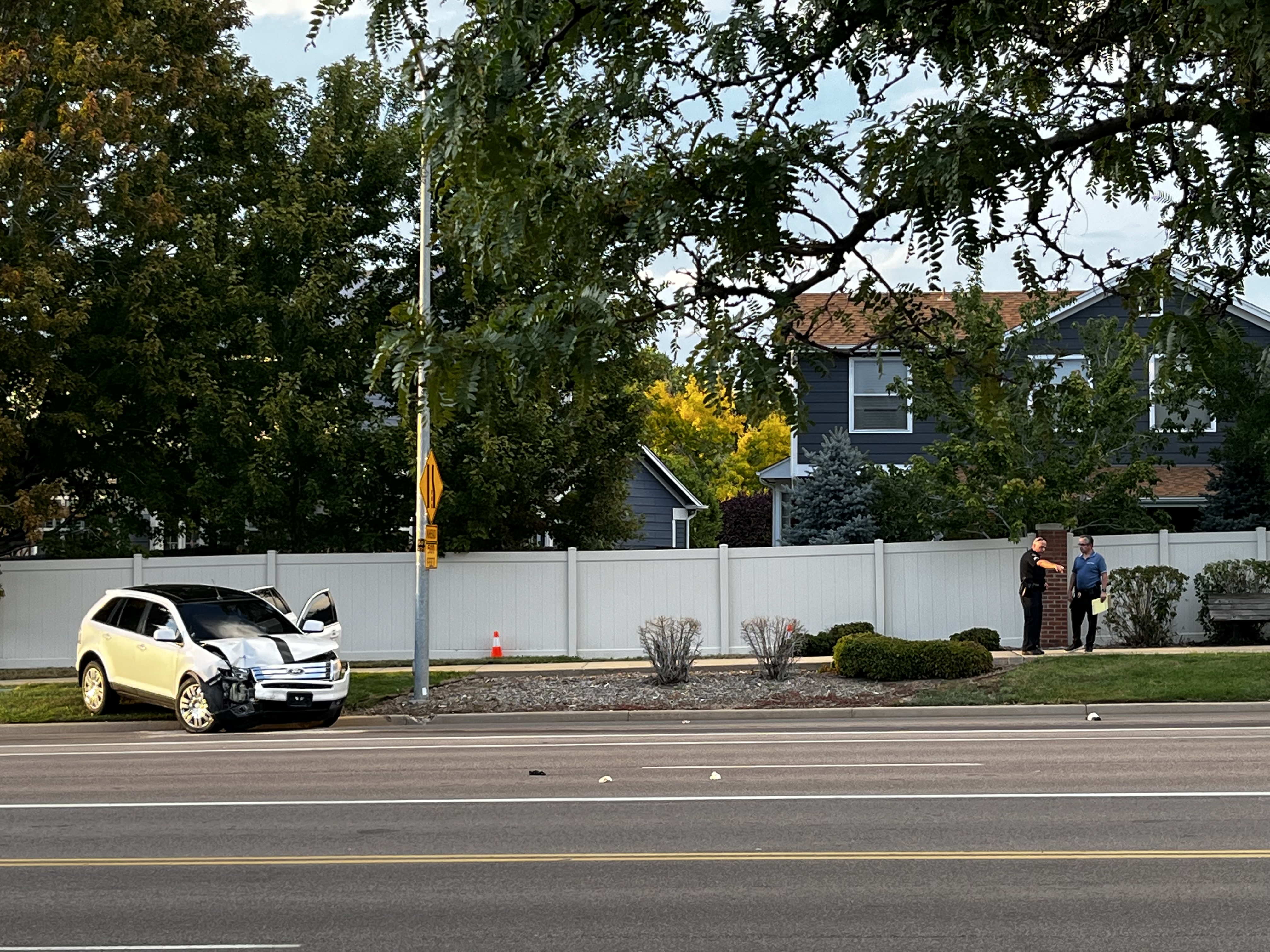 A Denver Police Fugitive Unit officer was shot and a suspect killed during shootout at the corner of Sheridan and Midway boulevards about 3 p.m., said Rachel Haslett, public information officer for Broomfield Police. Pictured is the white car the suspect was driving. (AlexanderEdwardsBusiness Reporteralex.edwards@gazette.comhttps://secure.gravatar.com/avatar/dbaa50cc8a9183e280c297e3afa72ace?d=mm&r=g)
