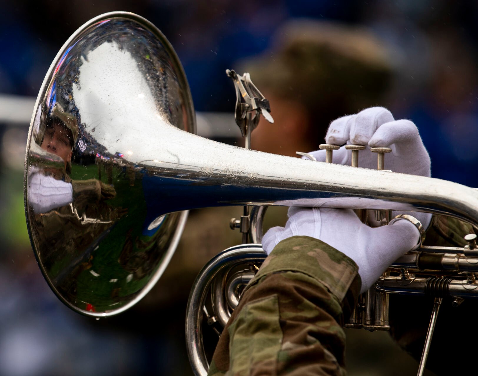 An Air Force Academy band member plays before the Falcons’ game against the Colorado University Buffaloes at Falcon Stadium in Colorado Springs, Colo., on Saturday, Sept. 10, 2022. (The Gazette, Parker Seibold) (Parker Seibold/ The Gazette)