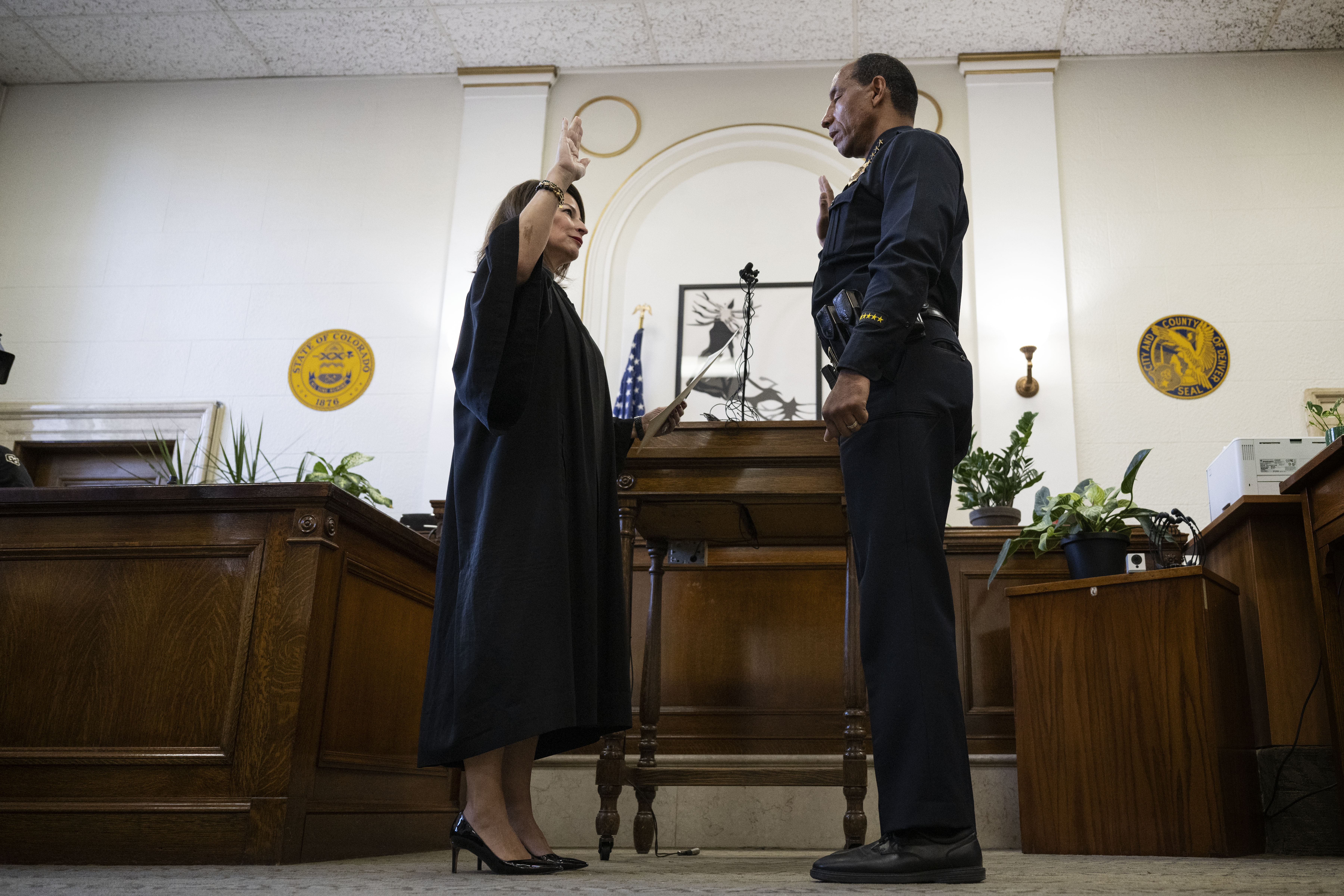 Denver County Court chief presiding Judge Nicole M. Rodarte swears in Denver Police Department Chief of Police Ron Thomas on Tuesday, Oct. 18, 2022, at the Denver City and County Building. (Timothy Hurst/The Gazette) (TimHursttim.hurst@gazette.comhttps://secure.gravatar.com/avatar/aca82bd62b4ee425c598527cd6faa1b1?d=mm&r=g)