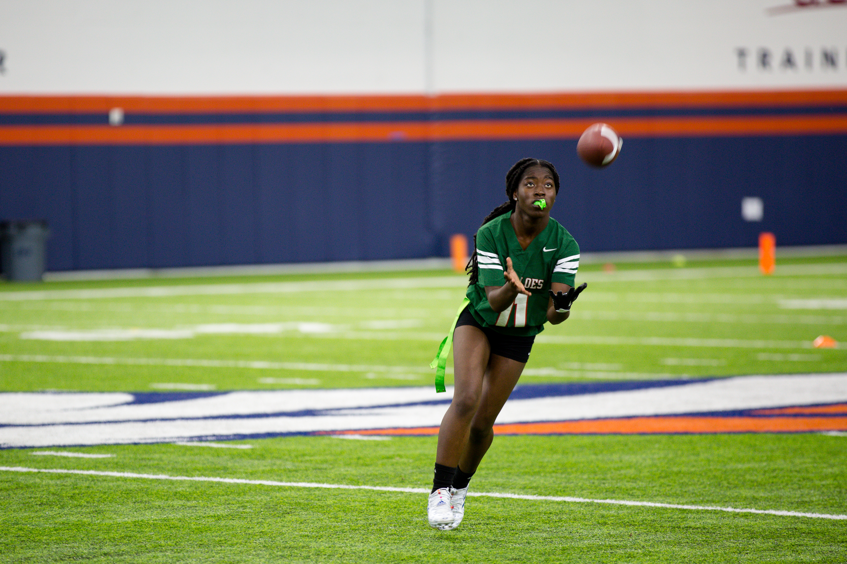 Smokey Hill's Yealay-Yama Matthew catches the ball during practice before the first game of the Girl's High School Flag football Championship tournament Saturday. (Sara Hertwig/for The Denver Gazette) (Sara Hertwig)