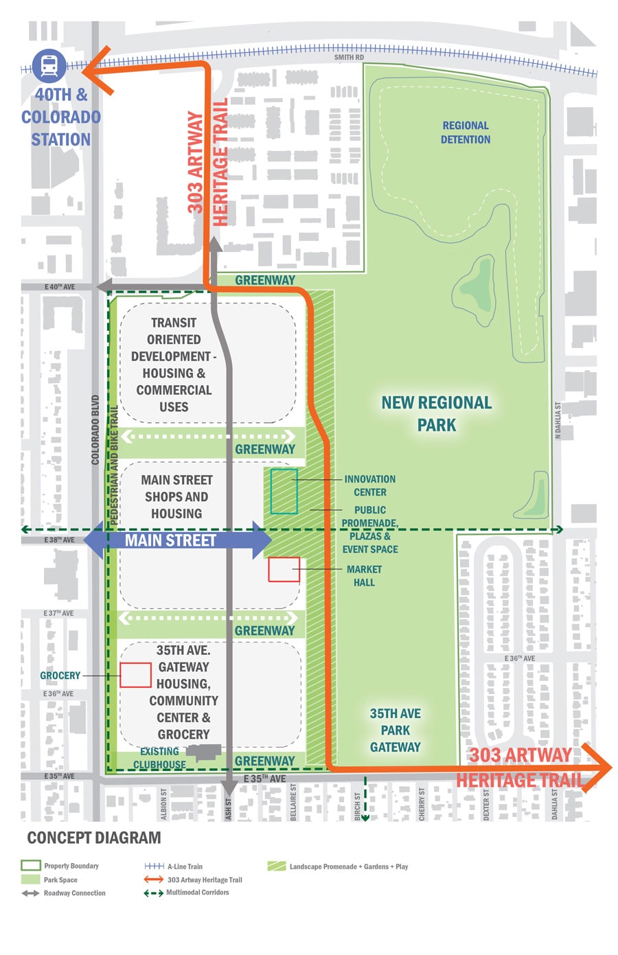 Proposed redevelopment map for the Park Hill Golf Course, which has been closed since 2018. (COURTESY OF WESTSIDE INVESTMENT PARTNERS INC.)