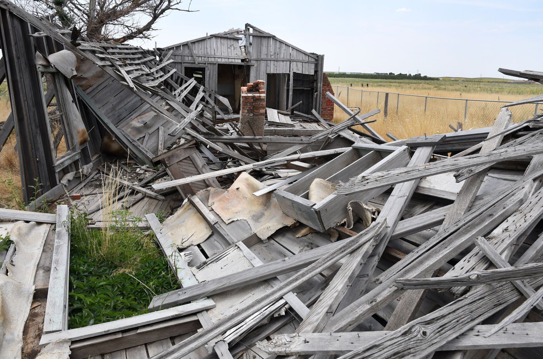 WELD COUNTY, CO - JULY 21: Remnants of the Lunchroom Cafe are what remains after the collapse of the building. Members of the Colorado General Assembly join Weld County officials on an historic tour of the Dearfield townsite located about 24 miles miles east of Greeley on July 21, 2021 in Weld County, Colorado. The group learned about the Deerfield Dream Project that emphasizes, archeological, historical, and environmental studies as well as protection of historic buildings and preservation of the early 20th Century African American colony of Dearfield. (Photo By Kathryn Scott) (Kathryn Scott)