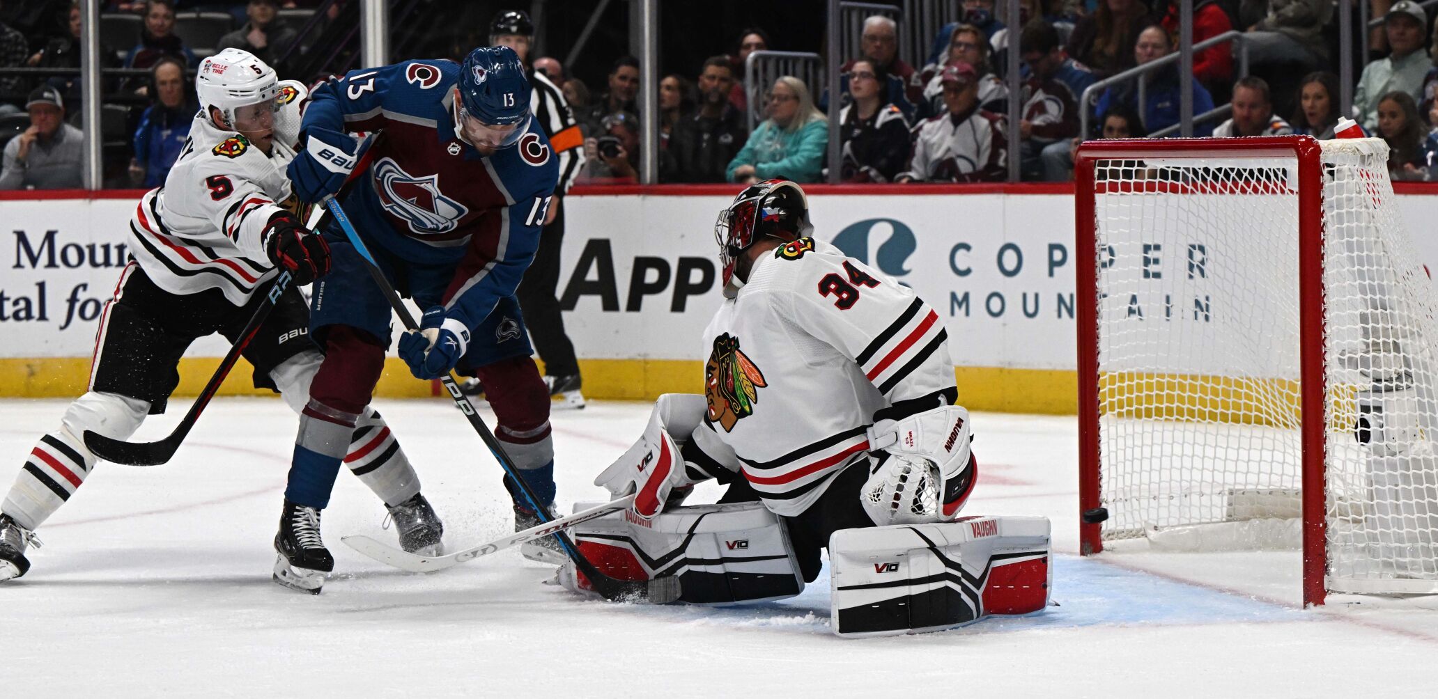 Colorado Avalanche right wing Valeri Nichushkin (13) scores against Chicago Blackhawks goaltender Petr Mrazek (34) during the first period Wednesday, Oct. 12, 2022, at Ball Arena in Denver. (The Gazette, Christian Murdock) (Christian Murdock/The Gazette)