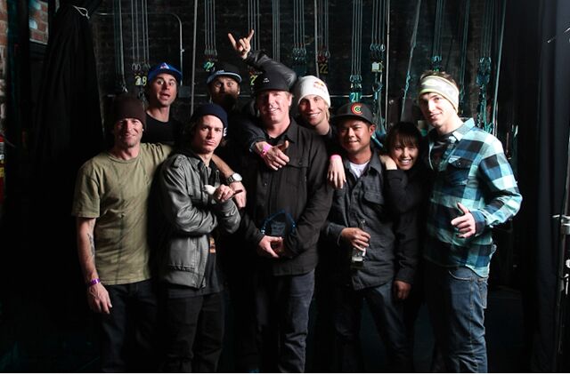Ski athletes pose for a photo with Matchstick co-founder Steve Winter after Matchstick accepted a Powder Video Award. The production company has won 12 Movie of the Year awards and has been nominated for four Emmys over its 30-year existence. (Courtesy, Matchstick Productions)