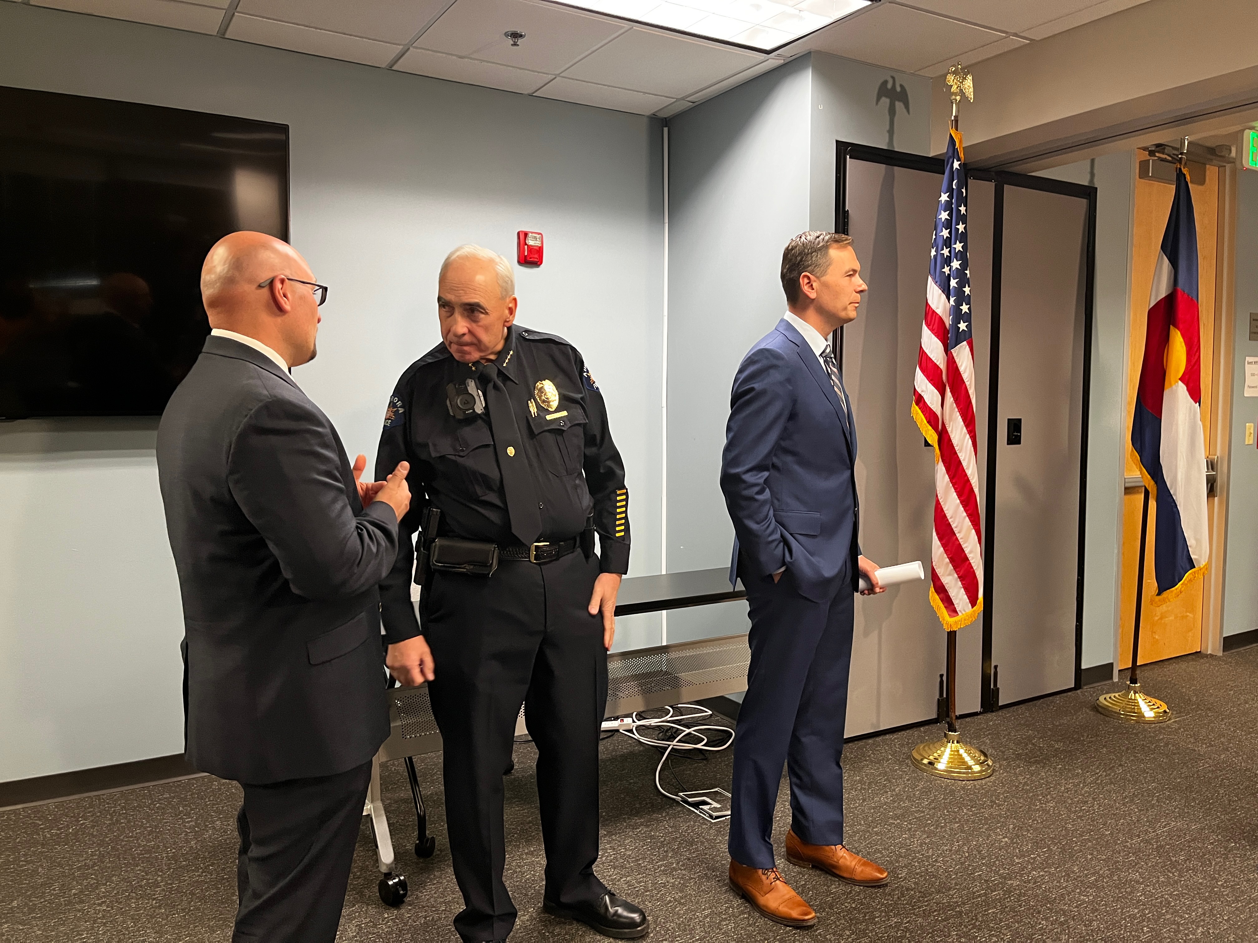Interim Aurora Police Chief Daniel Oates speaks with Colorado Bureau of Investigation agent Leonard Carollo after a press conference on Monday, Oct. 19 2022. Carollo is the assistant special agent in charge of the criminal branch at FBI Denver. (Alex Edwards/The Denver Gazette (AlexanderEdwardsBusiness Reporteralex.edwards@gazette.comhttps://secure.gravatar.com/avatar/dbaa50cc8a9183e280c297e3afa72ace?d=mm&r=g)