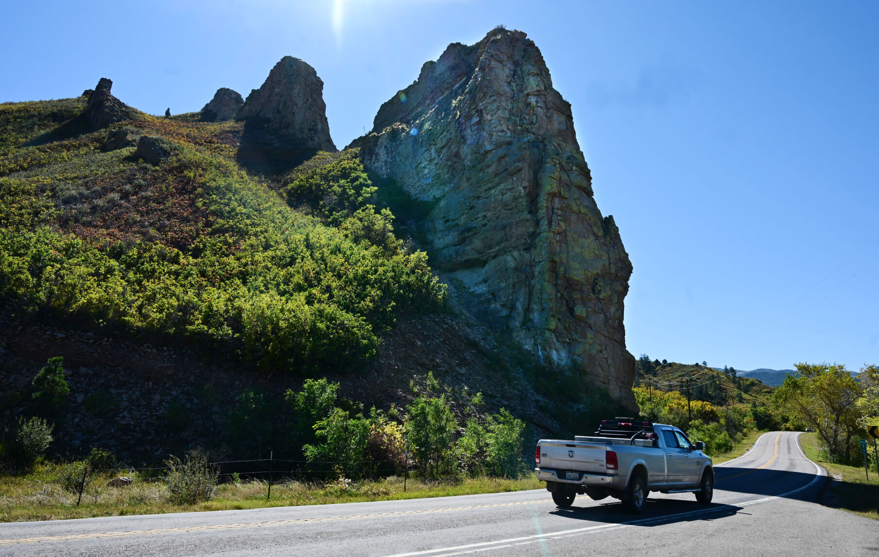 A truck drives past the Devils’ Staircase on the Highway of Legends on Wednesday, Oct. 12, 2022. (Jerilee Bennett, The Gazette)