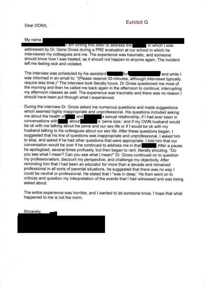 A teacher wrote a letter to state regulators complaining that Gene Gross, in a parental evaluation, asked inappropriate questions about a mother she knew.