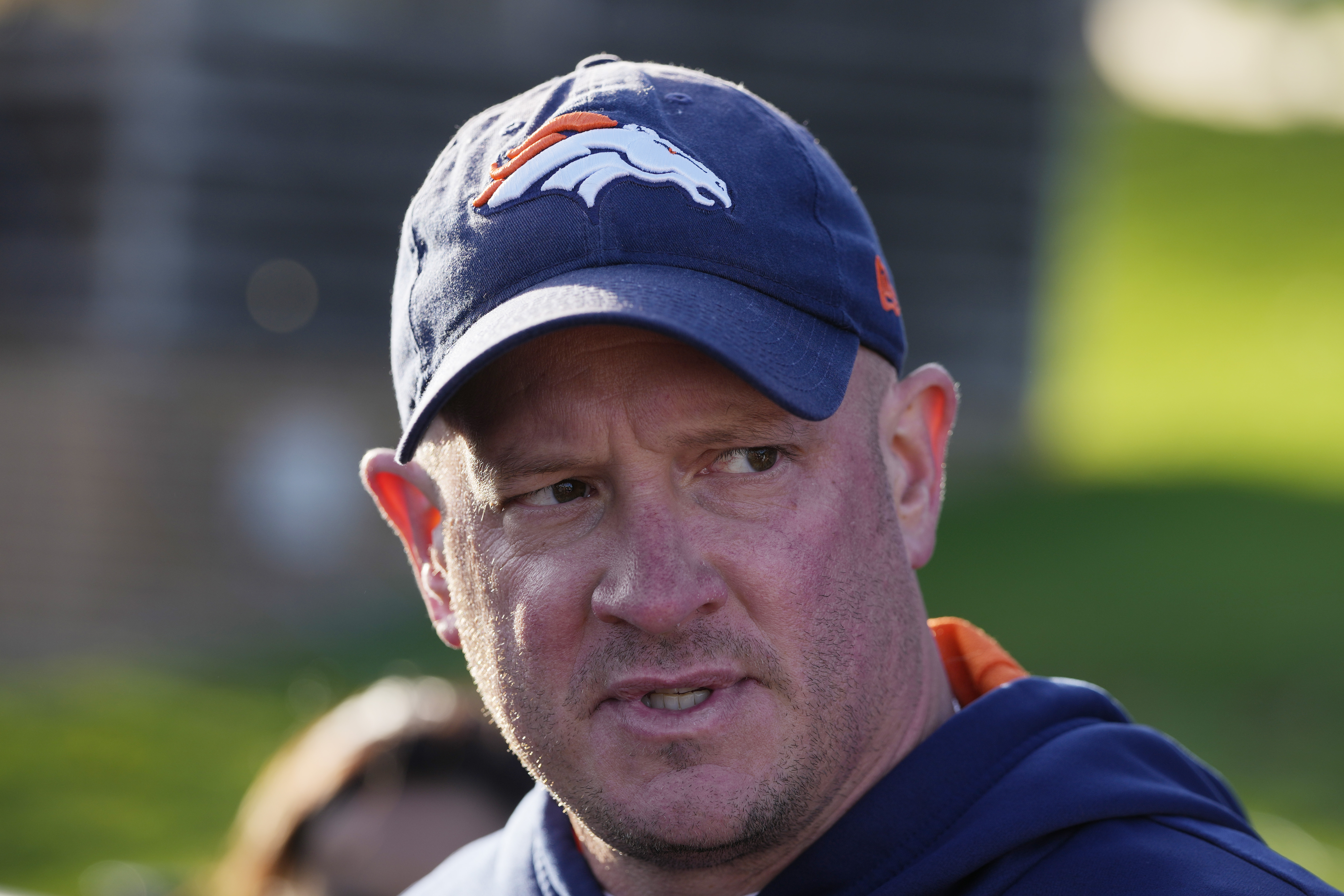 Denver Broncos head coach Nathaniel Hackett attends a news conference after a practice session in Harrow, England, Wednesday, Oct. 26, 2022 ahead the NFL game against Jacksonville Jaguars at the Wembley stadium on Sunday. (AP Photo/Kin Cheung) (Kin Cheung)