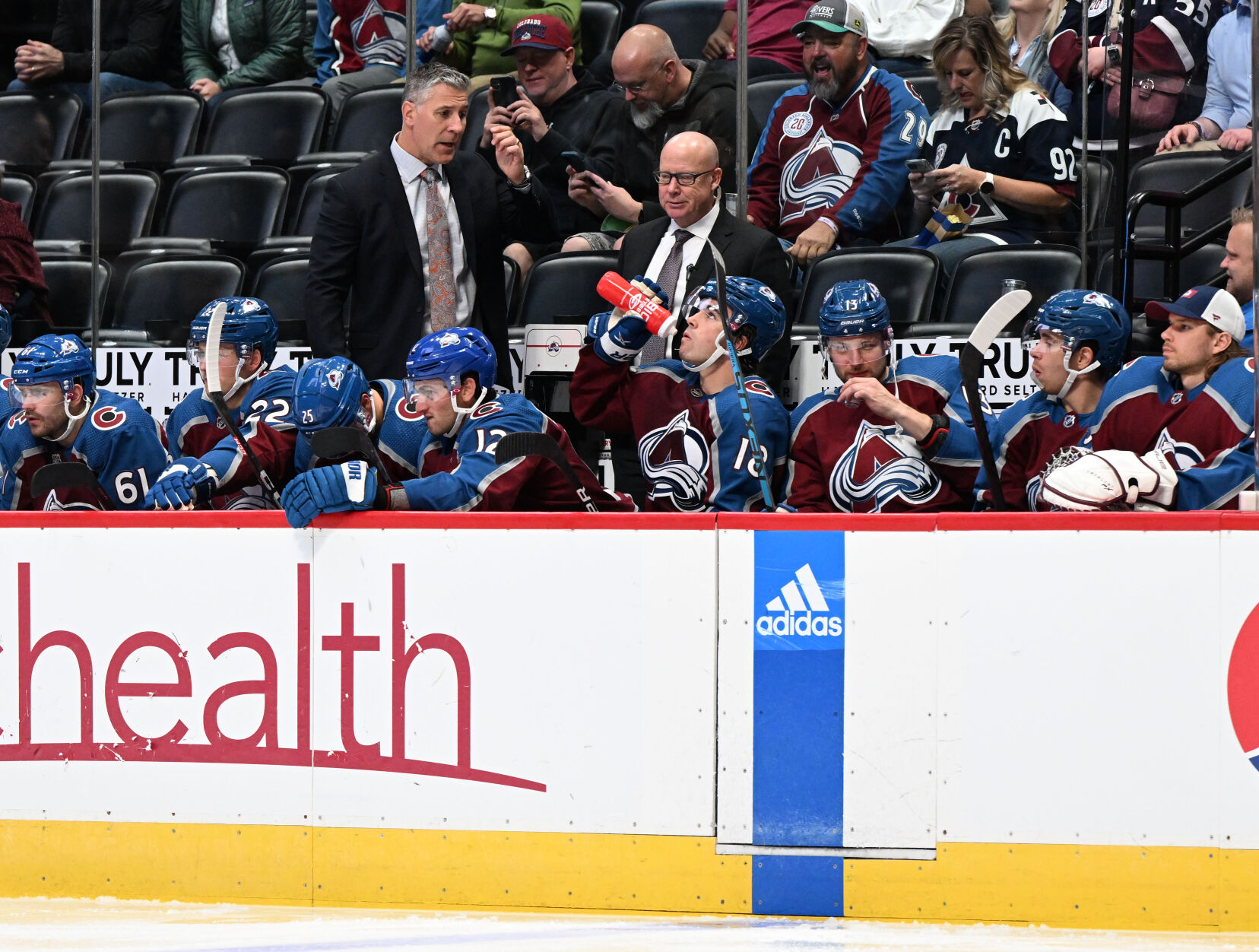 Colorado Avalanche coach Jared Bednar works the bench during the second period against the Seattle Kraken Friday, Oct. 21, 2022, at Ball Arena in Denver. (The Gazette, Christian Murdock) (Christian Murdock/The Gazette)