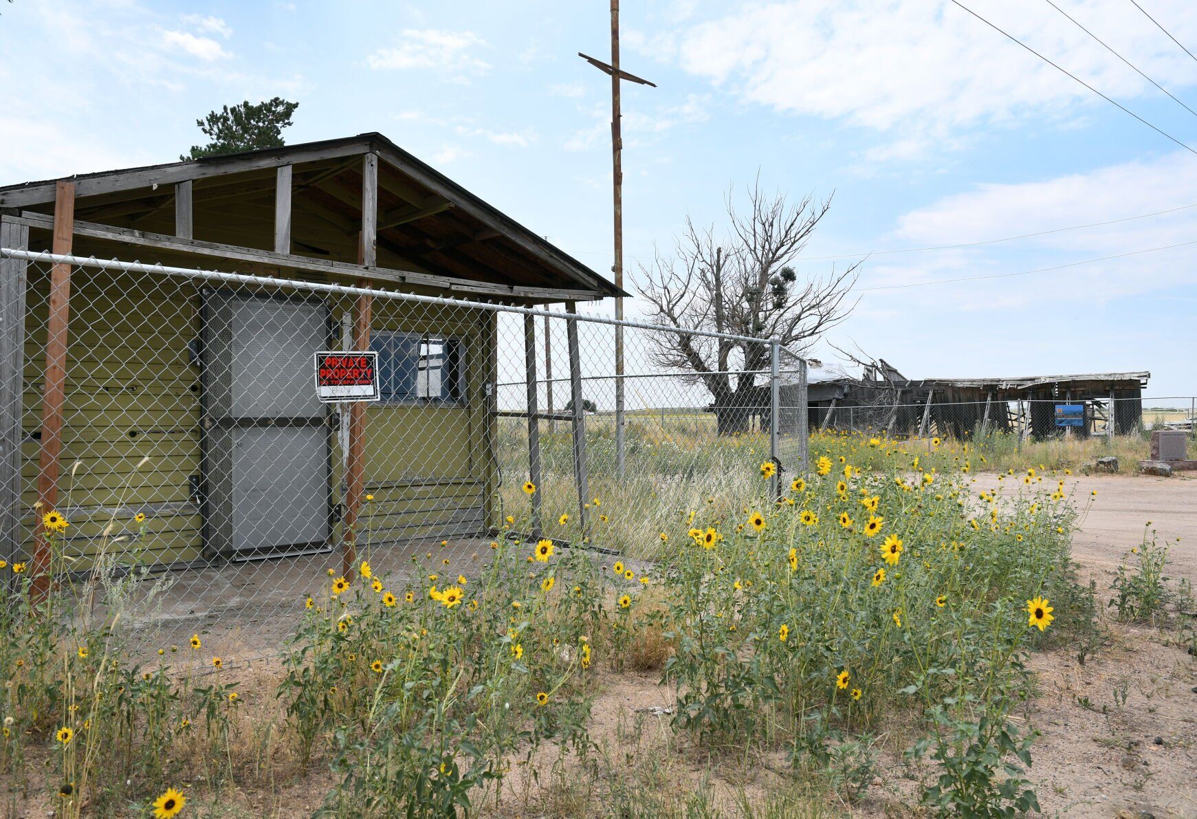 WELD COUNTY, CO - JULY 21: The Dearfield Service Station, left, and the Lunchroom Cafe, right, were situated close to highway to take advantage of traffic and lure visitors. Members of the Colorado General Assembly join Weld County officials on an historic tour of the Dearfield townsite located about 24 miles miles east of Greeley on July 21, 2021 in Weld County, Colorado. The group learned about the Deerfield Dream Project that emphasizes, archeological, historical, and environmental studies as well as protection of historic buildings and preservation of the early 20th Century African American colony of Dearfield. (Photo By Kathryn Scott) (Kathryn Scott)