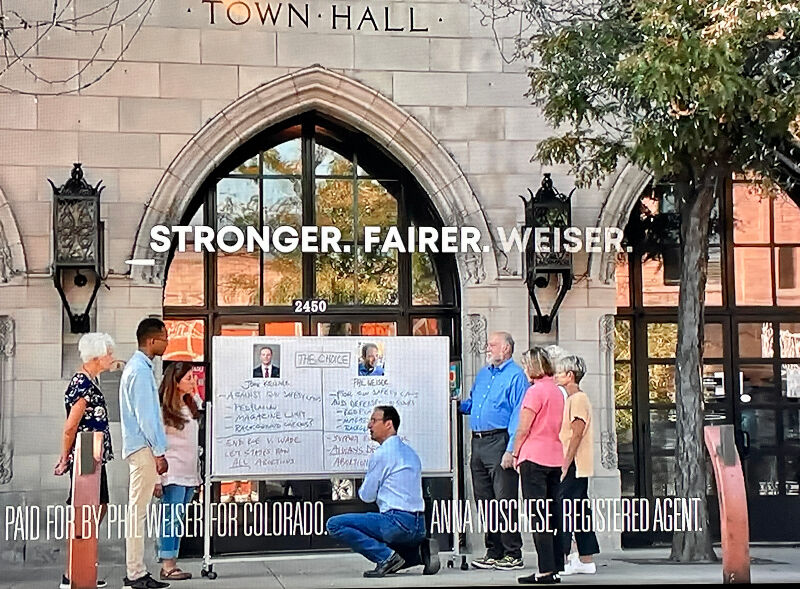 Attorney General Phil Weiser's team didn't ask for permission to film in front of Littleton's Town Hall Arts Center – but legally, it didn't have to. (Sreenshot)