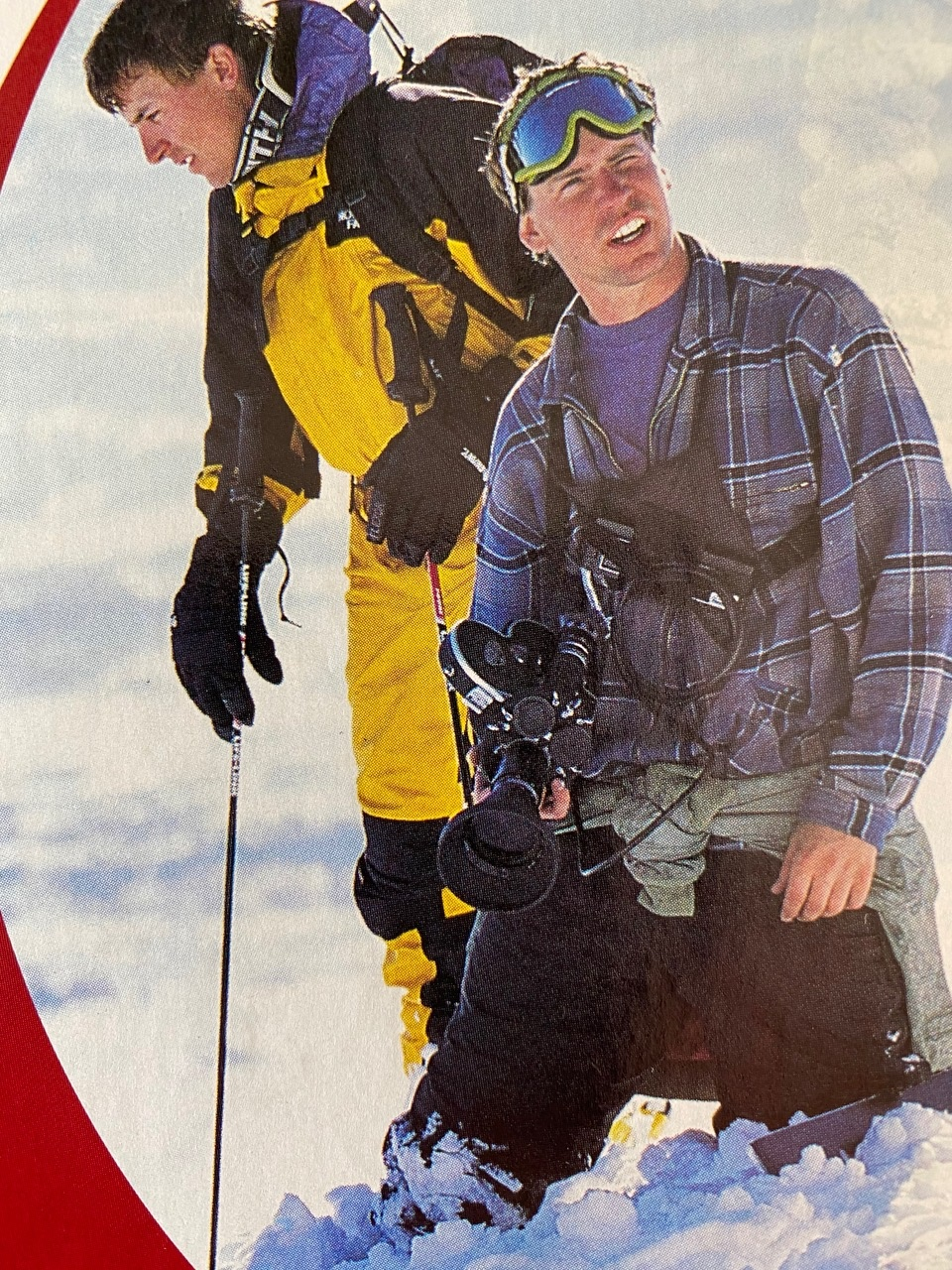 Skier Rick Armstrong, back, and film producer Steve Winter film part of a ski segment in Jackson Hole circa winter 1993. (Courtesy, Matchstick Productions)