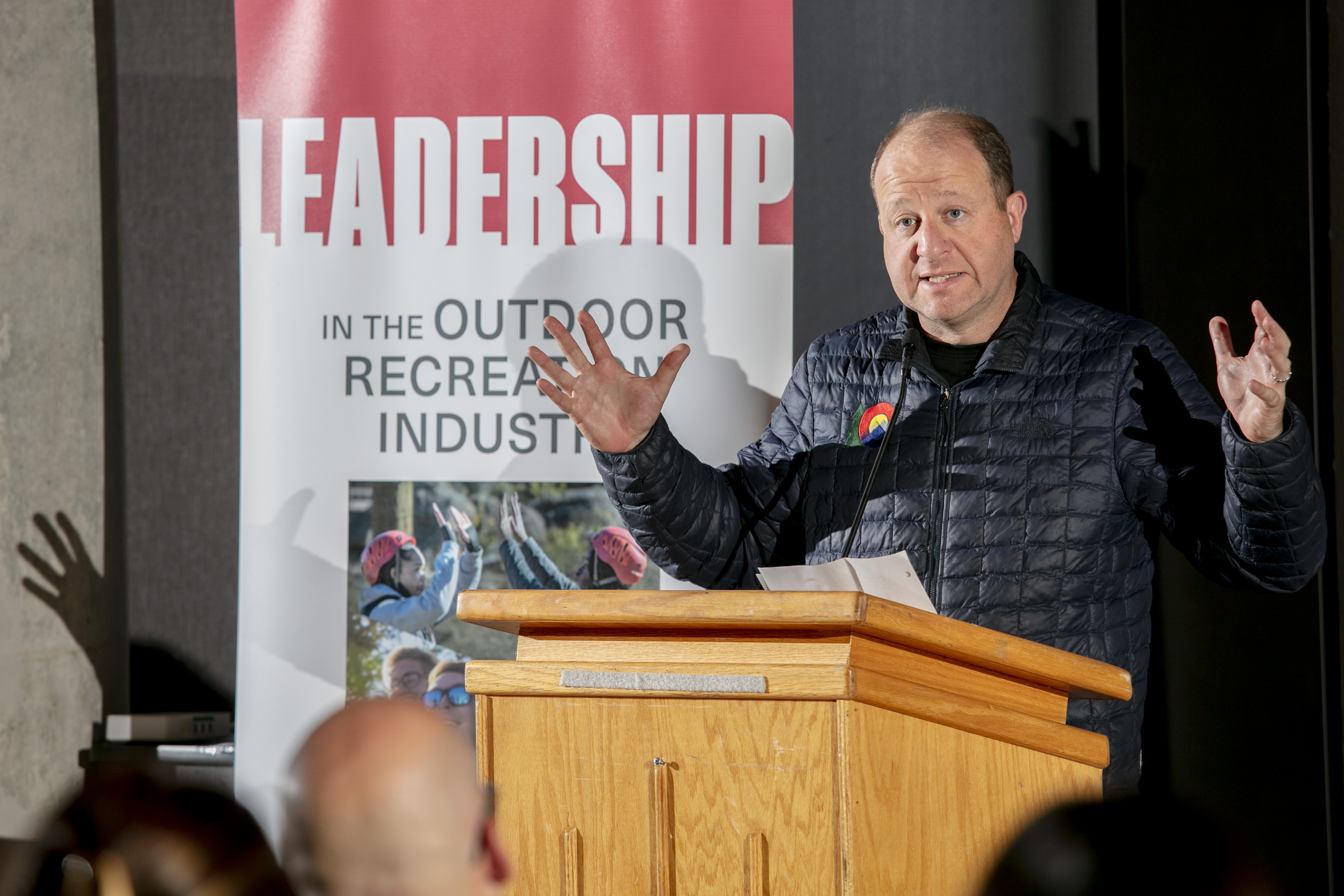 Gov. Jared Polis speaks during the unveiling of the University of Denver and VF Foundation's Leadership in Outdoor Recreation Industry program during a press conference at the Community Commons atOct. 31, 2022. (COURTESY OF THE UNIVERSITY OF DENVER/BEAR GUTIERREZ)