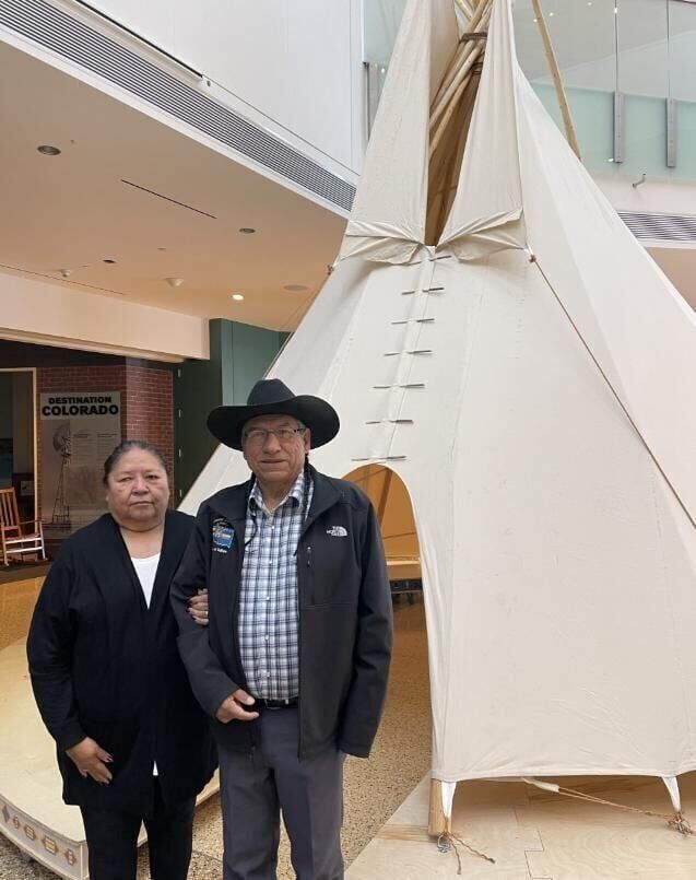 Fred Mosqueda and wife Mary Fletcher, on a private tour of the History Colorado exhibit on the Sand Creek Massacre survivors that opens Saturday, Nov. 19, 2022. Photo courtesy Fred Mosqueda.
