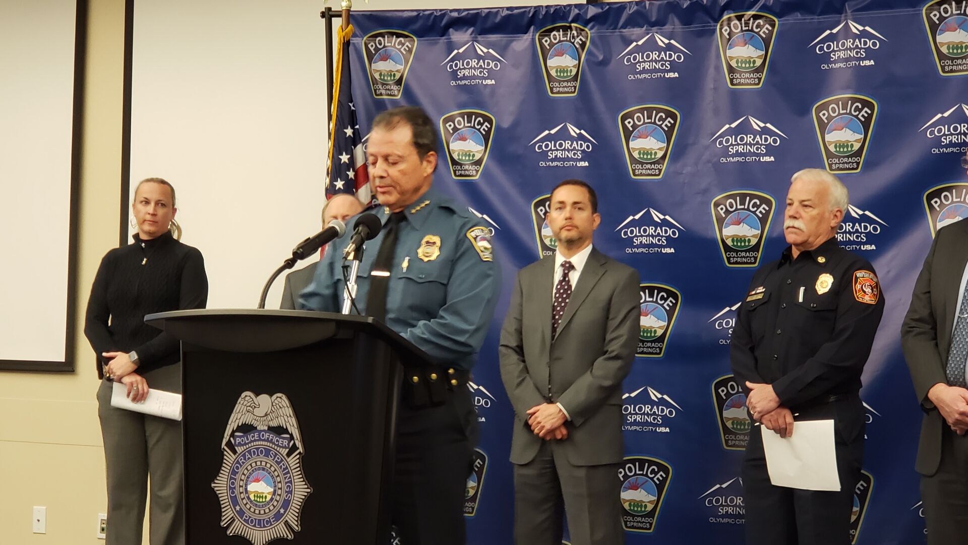 Colorado Springs Police Chief Adrian Vasquez addresses media at a briefing Sunday morning.