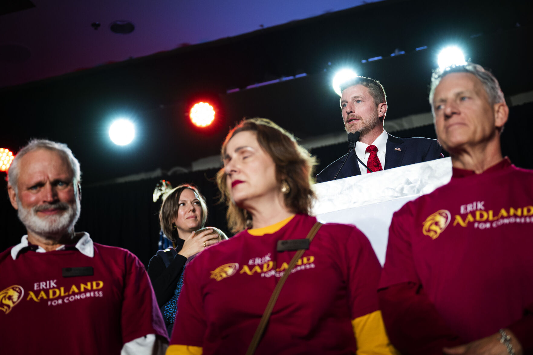 Colorado Republican 7th District congressional candidate Erik Aaland gives his concession speech during the Colorado GOP Election Night Party on Tuesday, Nov. 8, 2022, at the DoubleTree by Hilton DTC in Greenwood Village, Colo. (Timothy Hurst/The Gazette) (TIMOTHY HURST/DENVER GAZETTE)