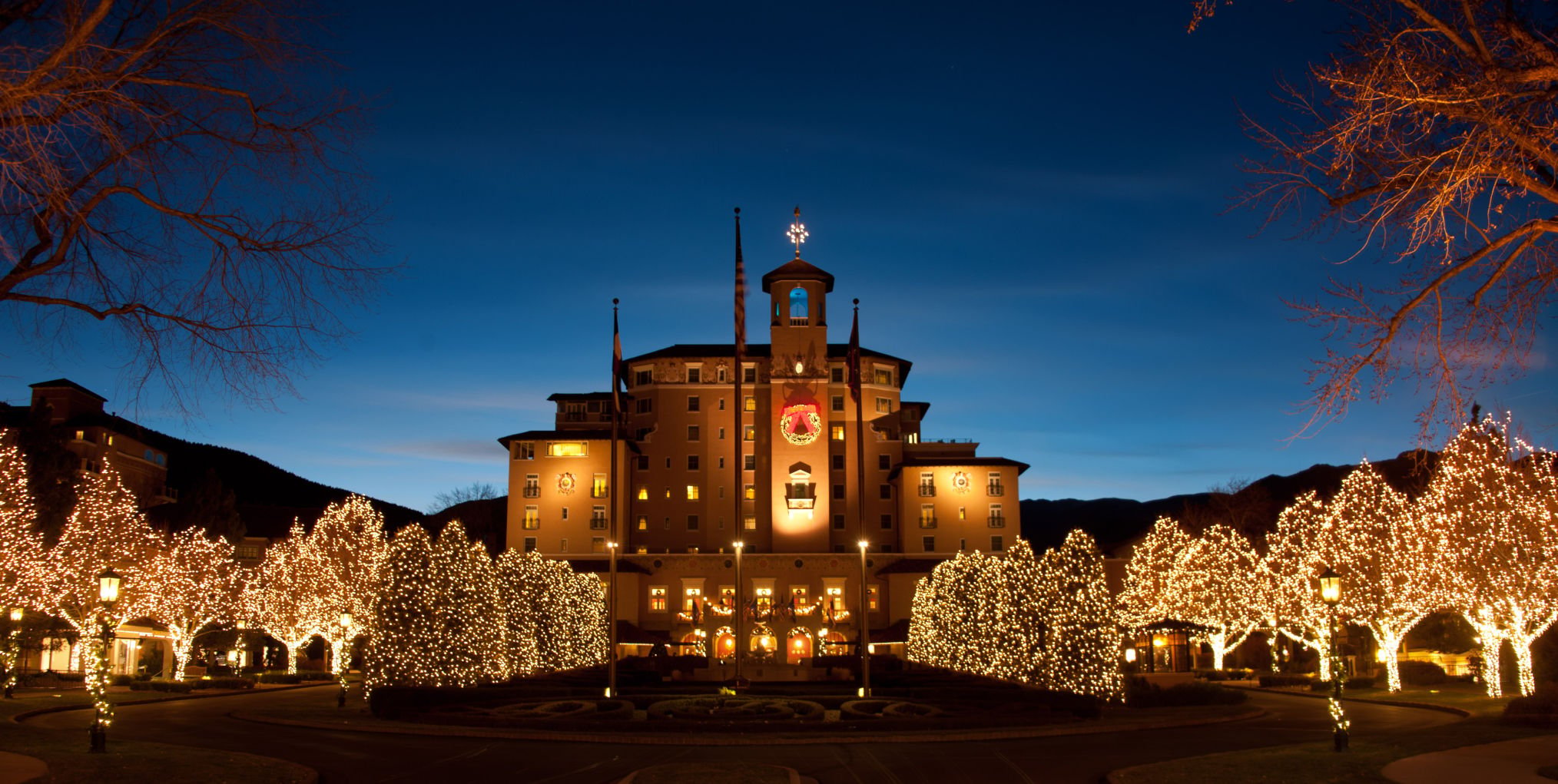 The front entrance of the Broadmoor Hotel is decorated for the holidays as night falls Tuesday, November 27, 2012. Gazette file (MARK REIS, THE GAZETTE)