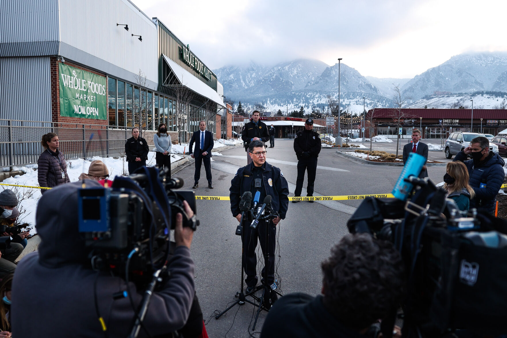 Boulder Police Department commander Kerry Yamaguchi speaks to the media as police officers respond to a shooting at a King Soopers on Monday, March 22, 2021 in Boulder. (Michael Ciaglo/Special to The Denver Gazette) (Michael Ciaglo/Special to The De)