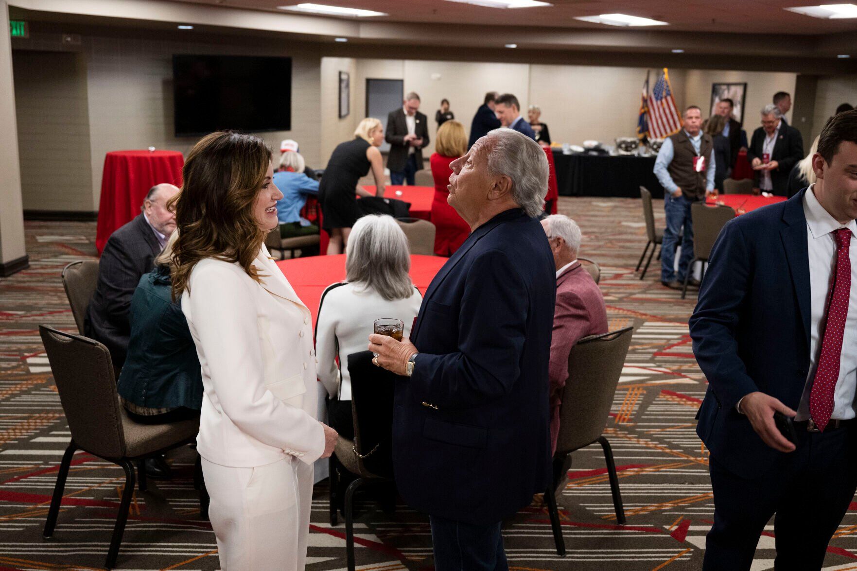 Colorado Republican gubernatorial candidate Heidi Ganahl, left, visits in the VIP area during the Colorado GOP Election Night Party on Tuesday, Nov. 8, 2022, at the DoubleTree by Hilton DTC in Greenwood Village, Colo. (Timothy Hurst/The Gazette) (TIMOTHY HURST/DENVER GAZETTE)