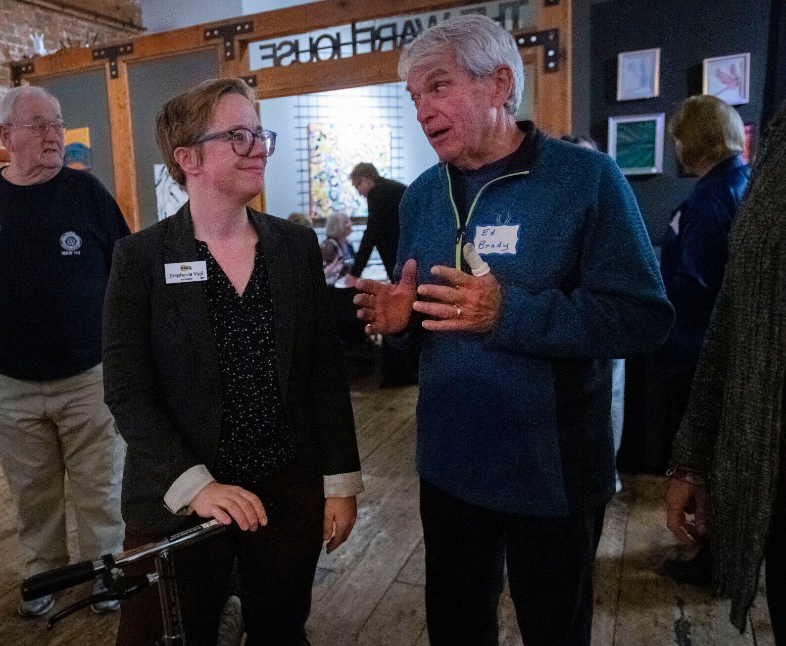 Democratic candidate for House District 16 Stephanie Vigil visits with Ed Brady Tuesday, Nov. 8, 2022, during the El Paso County Democratic Party watch party at the Warehouse restaurant in Colorado Springs. (The Gazette, Christian Murdock) (Christian Murdock/The Gazette)