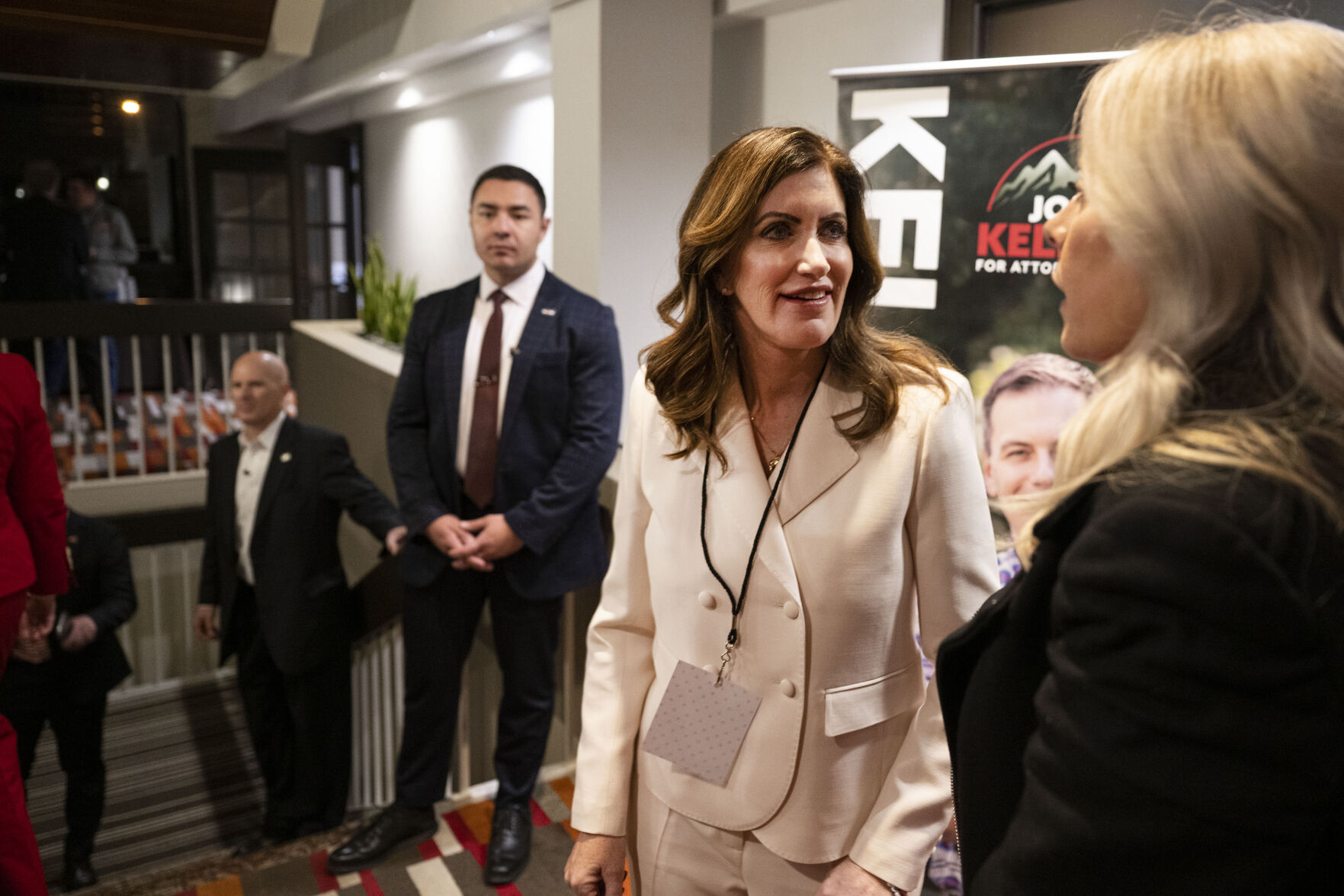 Colorado Republican gubernatorial candidate Heidi Ganahl, center, visits with Aurora city councilwoman at large Danielle Jurinsky during the Colorado GOP Election Night Party on Tuesday, Nov. 8, 2022, at the DoubleTree by Hilton DTC in Greenwood Village, Colo. (Timothy Hurst/The Gazette) (TIMOTHY HURST/DENVER GAZETTE)