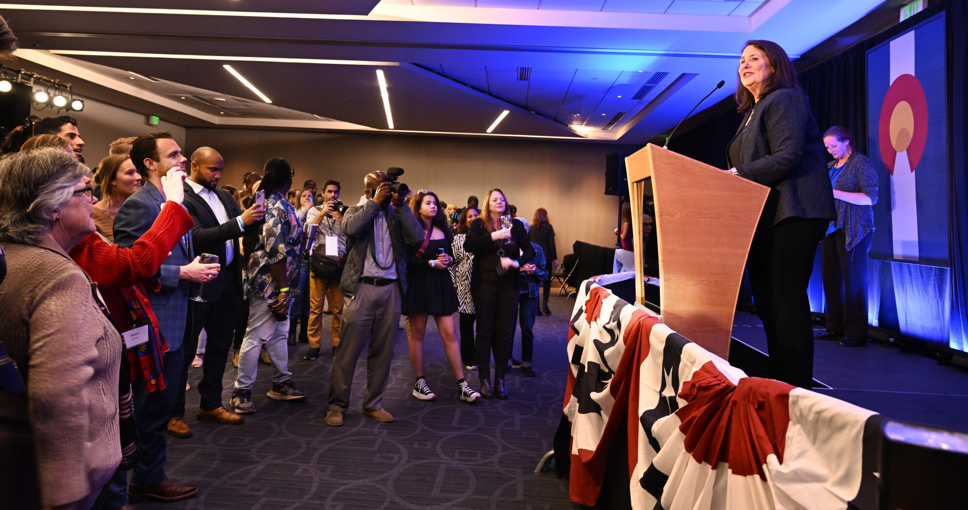 U.S. Rep. Diana DeGette addresses the Democratic watch party at the Art Hotel on election night, Nov. 8, 2022. (Photo by Jerilee Bennett, The Gazette)