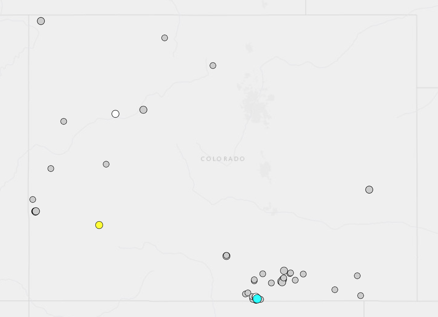 This map shows 64 earthquakes that have taken place in Colorado this year with a magnitude of 1.0 or greater. The blue dot indicates the most powerful earthquake this year, while the yellow dot shows the most recent one. Map Credit: USGS.