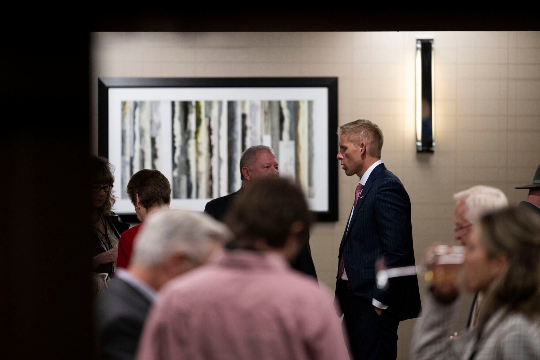 Colorado Republican 6th District congressional candidate Steve Monahan, right, visits with others in the VIP area during the Colorado GOP Election Night Party on Tuesday, Nov. 8, 2022, at the DoubleTree by Hilton DTC in Greenwood Village, Colo. (Timothy Hurst/The Gazette) (TIMOTHY HURST/DENVER GAZETTE)