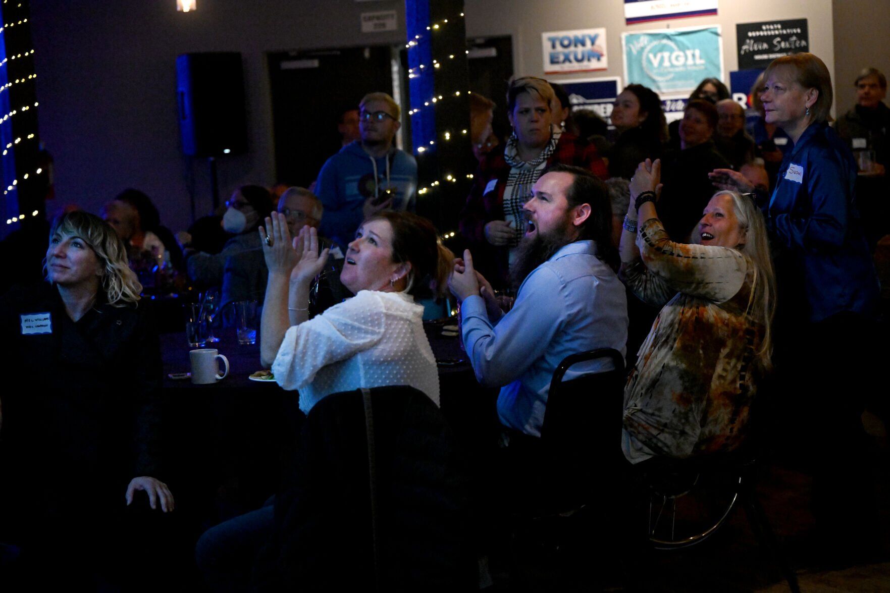 Democrats cheers as early results show Michael Bennet leading in the Colorado Senate race over Joe O'Dea Tuesday, Nov. 8, 2022, during the El Paso County Democratic Party watch party at the Warehouse restaurant in Colorado Springs. (The Gazette, Christian Murdock) (Christian Murdock/The Gazette)