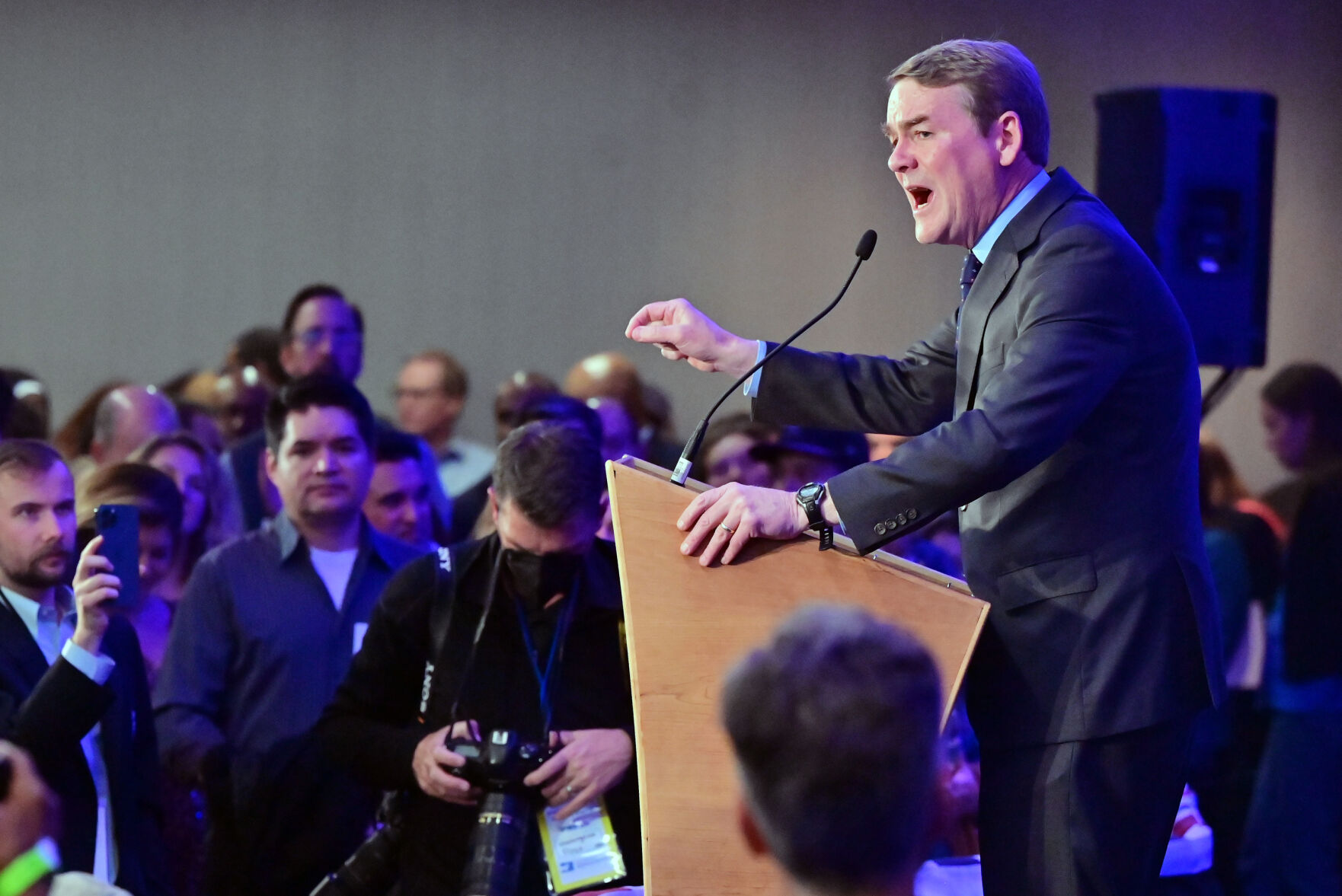 U.S. Sen. Michael Bennet gives his victory speech at the Democratic watch party at the Art Hotel on Tues., Nov. 8, 2022. (Photo by Jerilee Bennett, The Gazette)