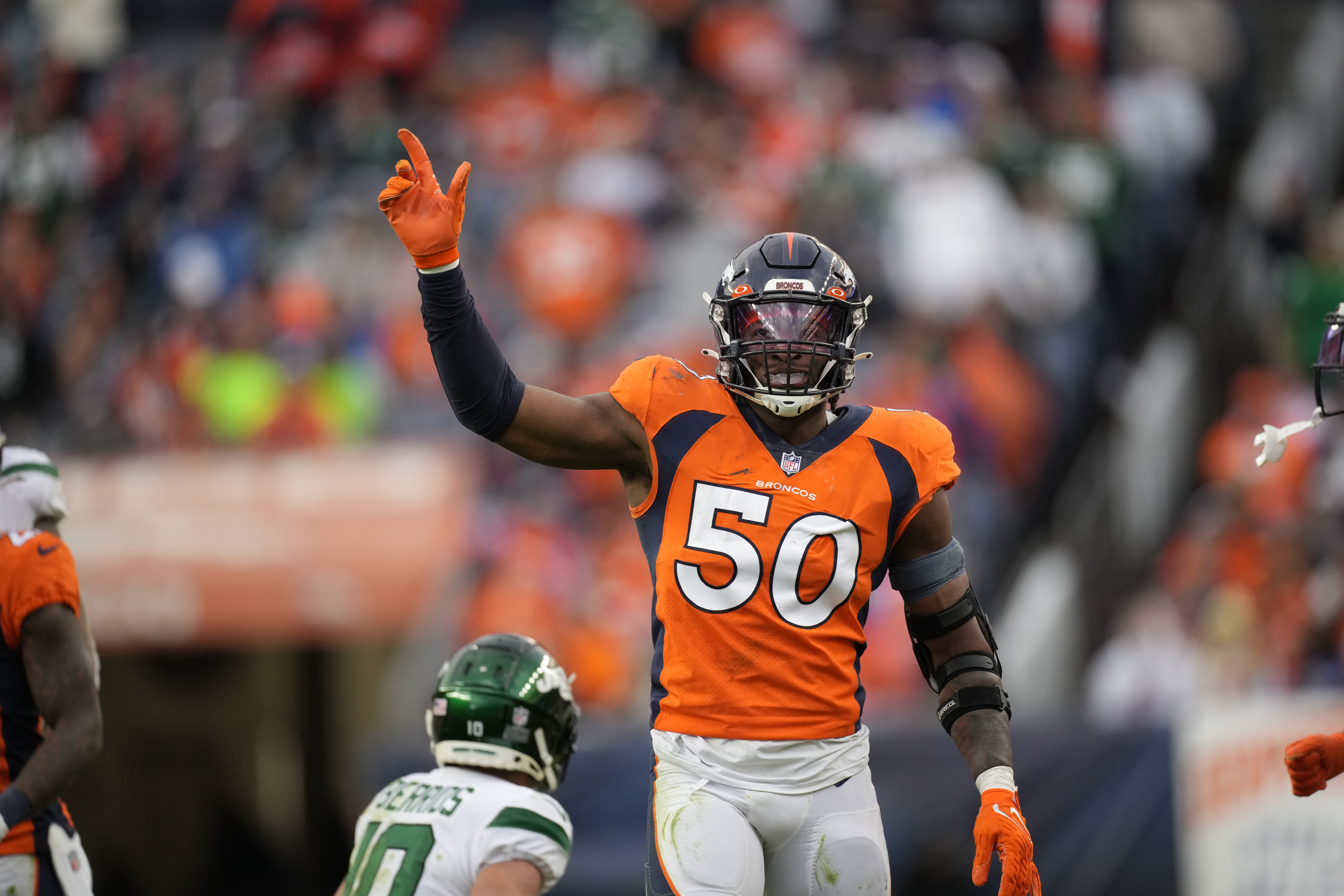 Denver Broncos linebacker Jonas Griffith (50) during the second half of an NFL football game, Sunday, Oct. 23, 2022, in Denver. (AP Photo/David Zalubowski)