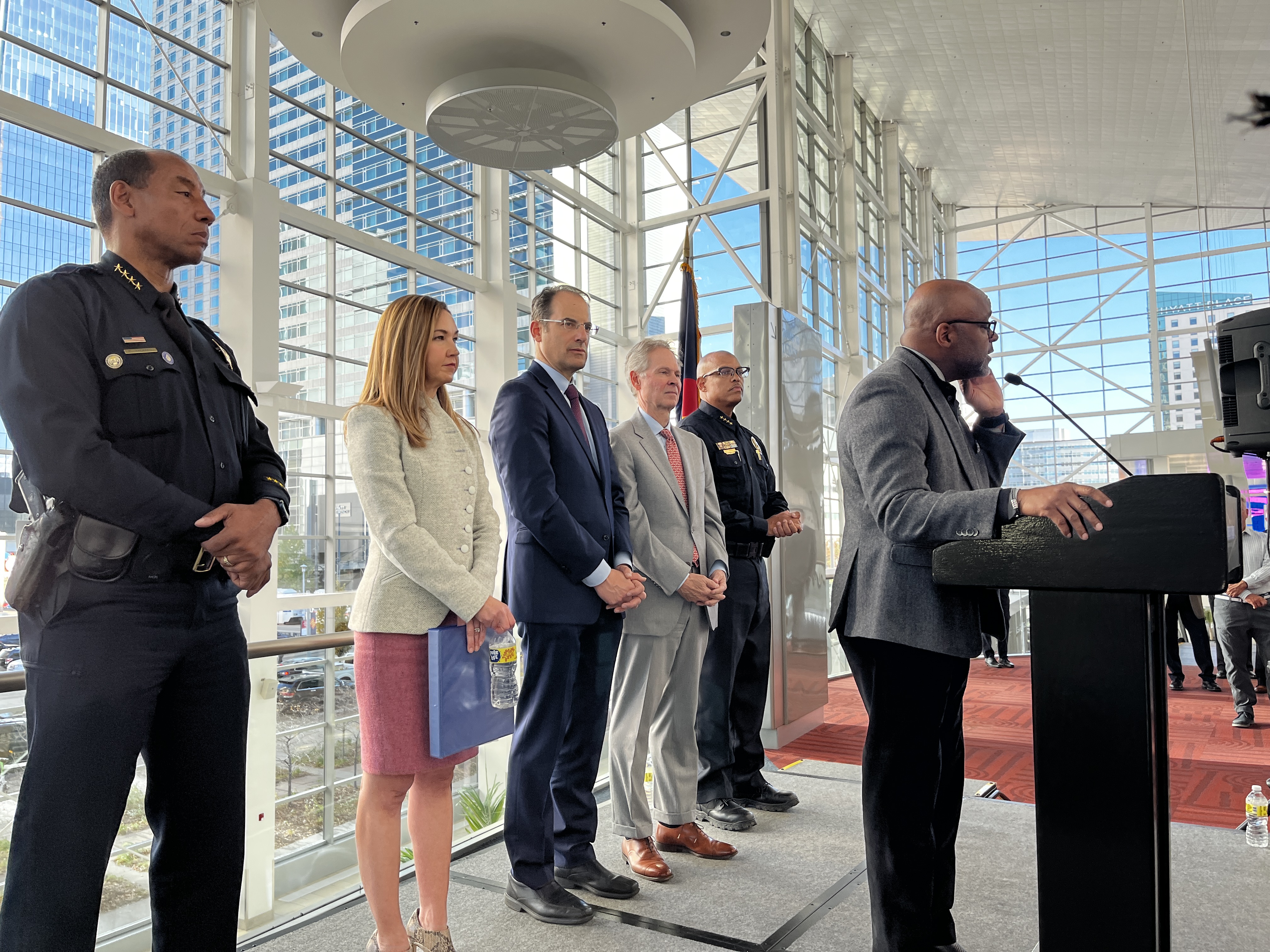 Mayor Michael Hancock answers questions about a new safety initiative announced at a press conference Thursday. He is joined on stage but (from left to right) Denver Chief of Police Ron Thomas, Downtown Denver Partnership President and CEO Kourtney Garrett, Attorney General Phil Weiser, U.S. Attorney for the State of Colorado Cole Finegan and RTD Chief of Police and Emergency Management Dr. Joel Fitzgerald Sr. (AlexanderEdwardsBusiness Reporteralex.edwards@gazette.comhttps://secure.gravatar.com/avatar/dbaa50cc8a9183e280c297e3afa72ace?d=mm&r=g)