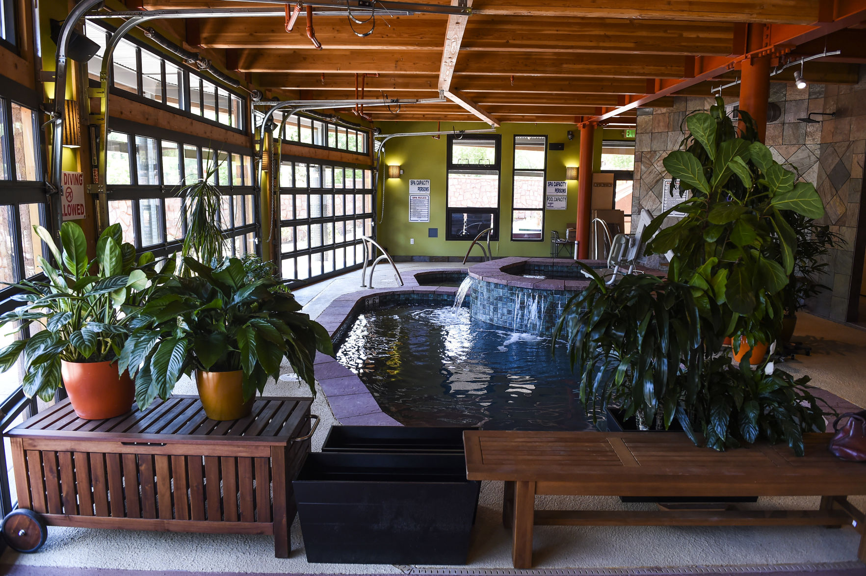 Three pools, ranging from room temperature to 104 degrees, fill the bottom floor at SunWater Spa in Manitou Springs Tuesday, June 30, 2015. The spa, which has multiple pools, hot tubs, a vapor lodge, and massage, facial and wrap services, is expected to be fully open by the end of July. Michael Ciaglo, The Gazette (Michael Ciaglo, The Gazette)