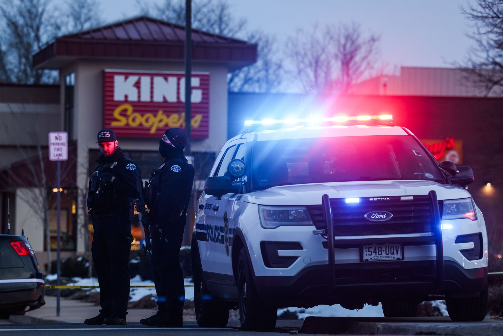 Police officers stand outside a King Soopers on Monday, March 22, 2021 in Boulder where ten people were killed in a shooting. (Michael Ciaglo/Special to The Denver Gazette) (Michael Ciaglo/Special to The De)
