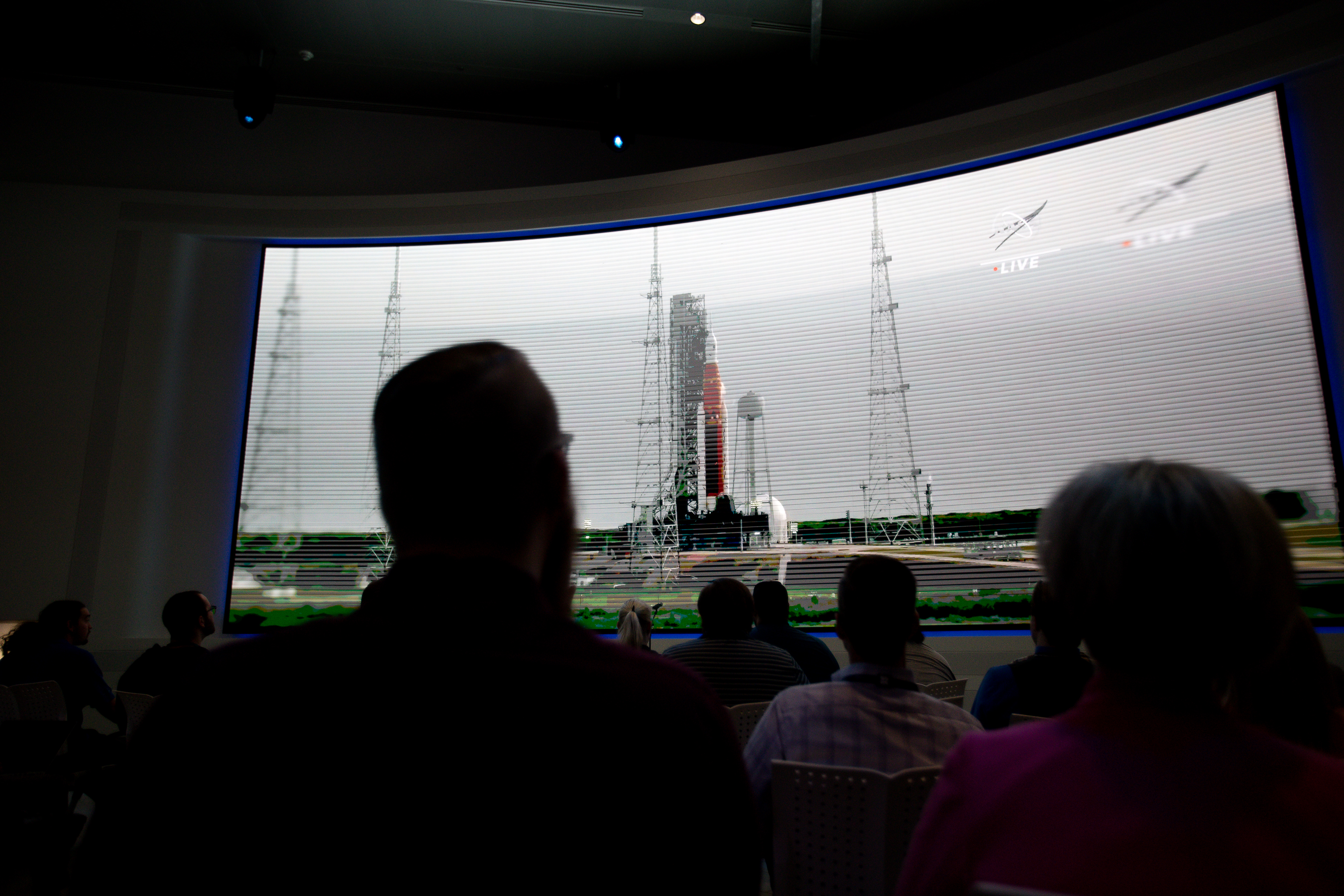 Lockheed Martin employees watch a live feed from Kennedy Space Center of Artemis I on the launch pad during an earlier launch attempt in August. (Sara Hertwig/Special to The Denver Gazette) (Sara Hertwig)