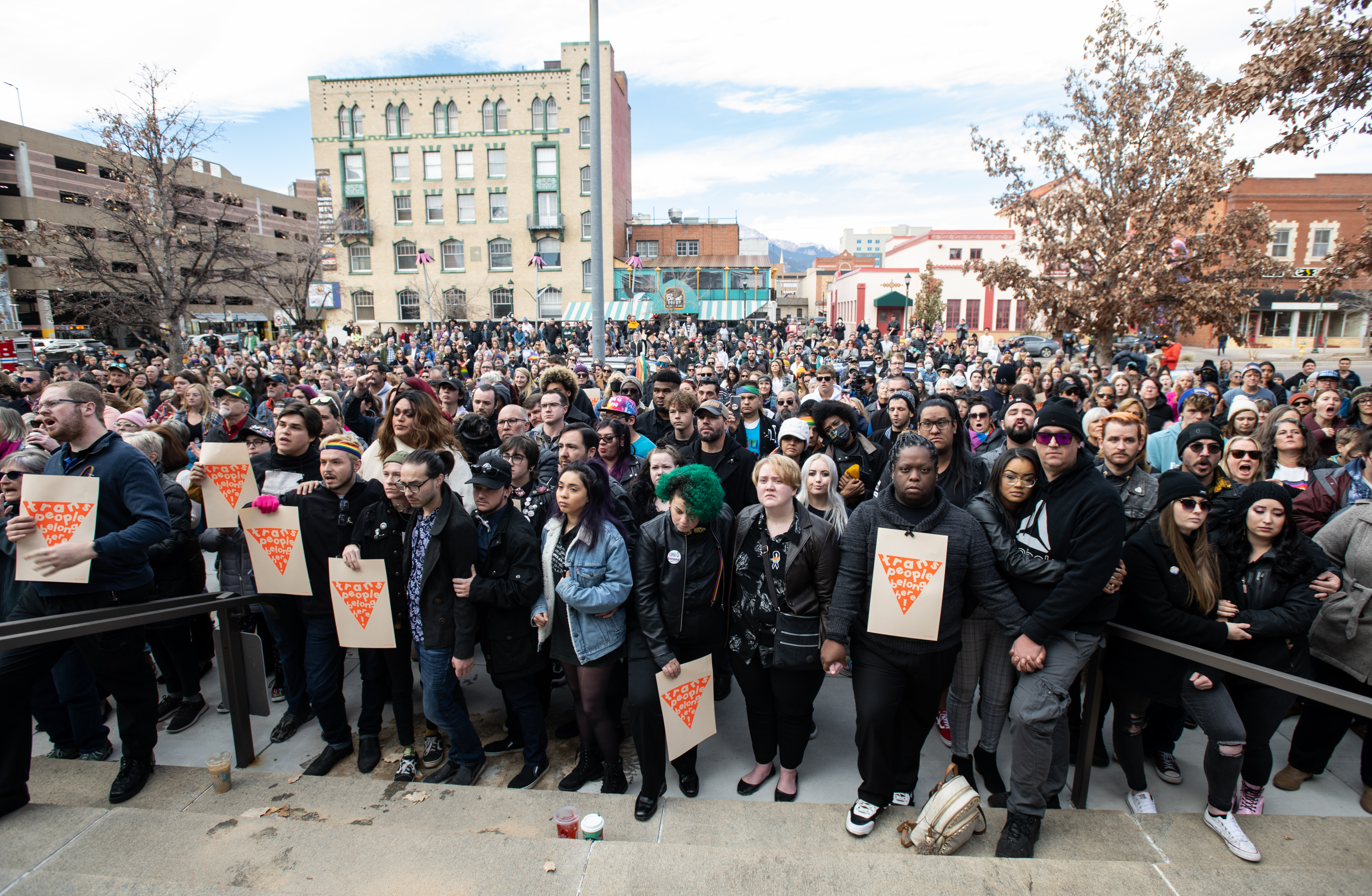 Hundreds of people gathered at city hall for a ceremony where a 25-foot historic pride flag was displayed on the exterior of Colorado Springs City Hall to mark the weekend mass shooting at a gay nightclub Wednesday, Nov. 23, 2022. The flag has been flown at the White House and at Pulse nightclub after the shooting there in 2016. (The Gazette, Parker Seibold) (Parker Seibold)