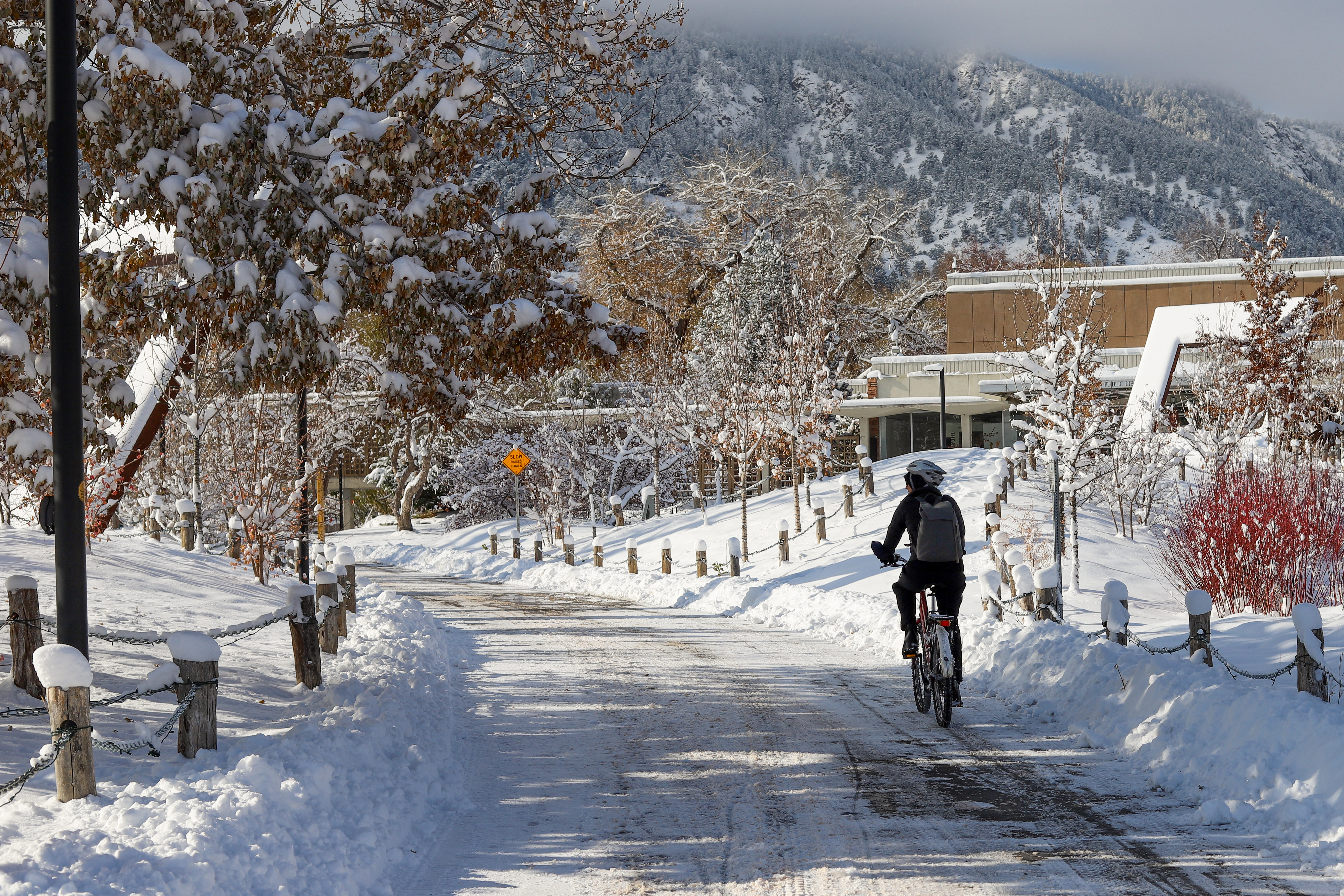 A biker pedals along an icy path in Boulder after a winter snowstorm. (Kyla Pearce)