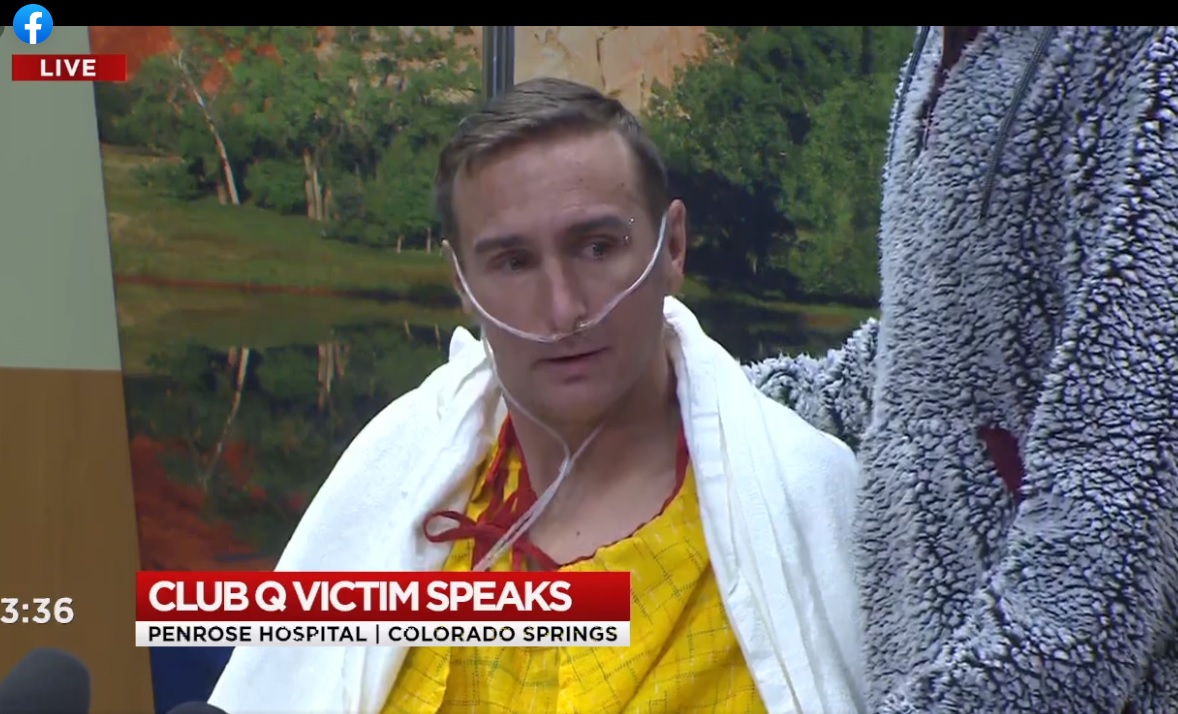 Anthony, who declined to give his last name, is a survivor of the mass shooting that happened at Club Q, a popular LGBTQ+ nightclub, late Saturday night. He told his story at Penrose Hospital Tuesday afternoon. (Courtesy of KKTV via Facebook)