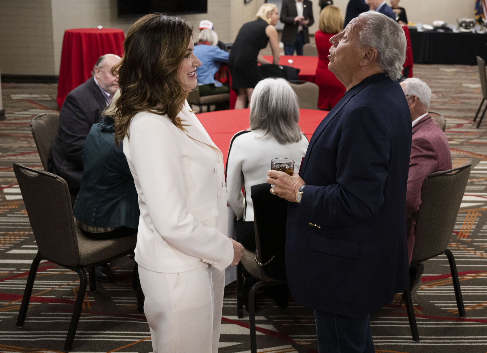 Colorado Republican gubernatorial candidate Heidi Ganahl, left, visits in the VIP area during the Colorado GOP Election Night Party on Tuesday, Nov. 8, 2022, at the DoubleTree by Hilton DTC in Greenwood Village, Colo. (Timothy Hurst/The Gazette) (TIMOTHY HURST/DENVER GAZETTE)