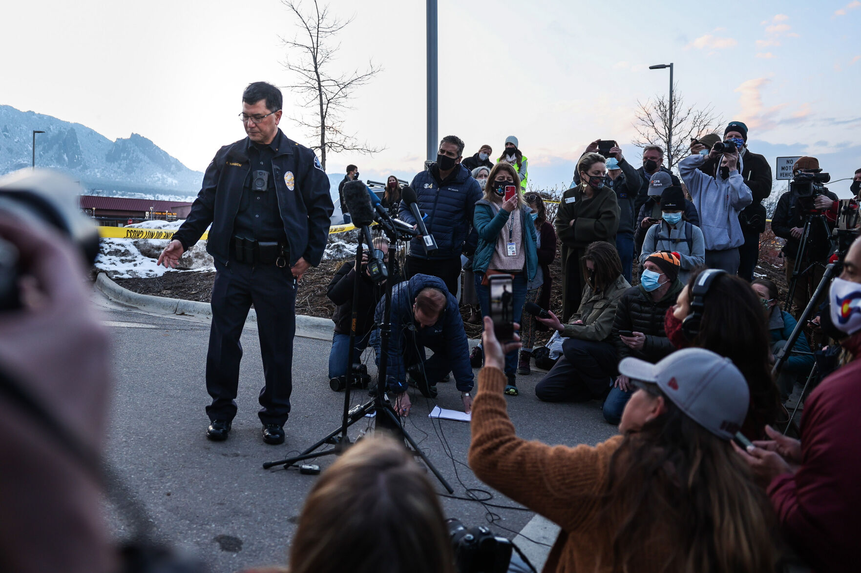 Boulder Police Department commander Kerry Yamaguchi speaks to the media as police officers respond to a shooting at a King Soopers on Monday, March 22, 2021 in Boulder. (Michael Ciaglo/Special to The Denver Gazette) (Michael Ciaglo/Special to The De)