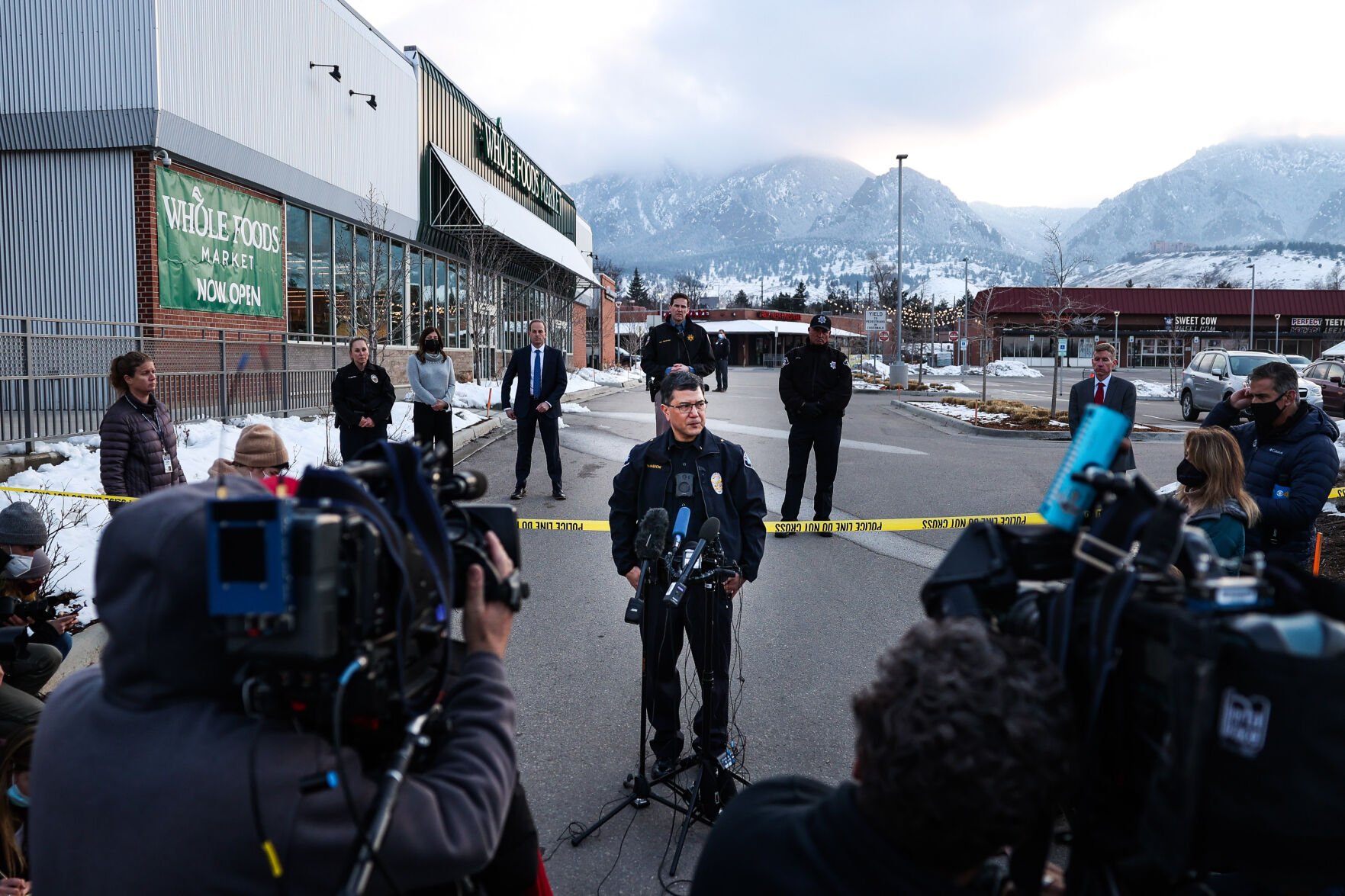 Boulder Police Department commander Kerry Yamaguchi speaks to the media as police officers respond to a shooting at a King Soopers on Monday, March 22, 2021 in Boulder. (Michael Ciaglo/Special to The Denver Gazette) (Michael Ciaglo/Special to The De)