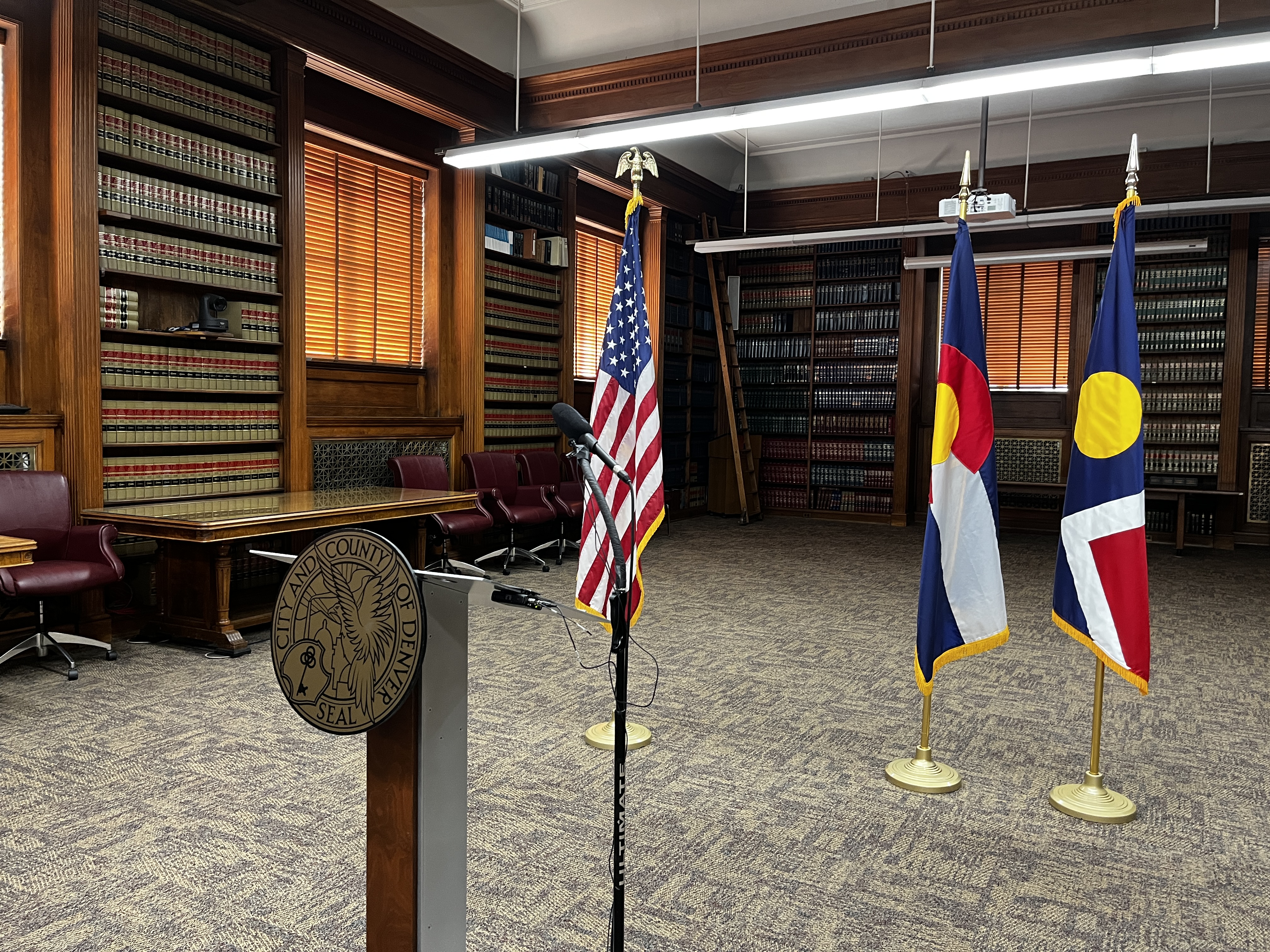The podium in the Parr Widener Community Room at the Denver City and County building prior to a press conference. (Alex Edwards, The Denver Gazette). (AlexanderEdwardsBusiness Reporteralex.edwards@gazette.comhttps://secure.gravatar.com/avatar/dbaa50cc8a9183e280c297e3afa72ace?d=mm&r=g)