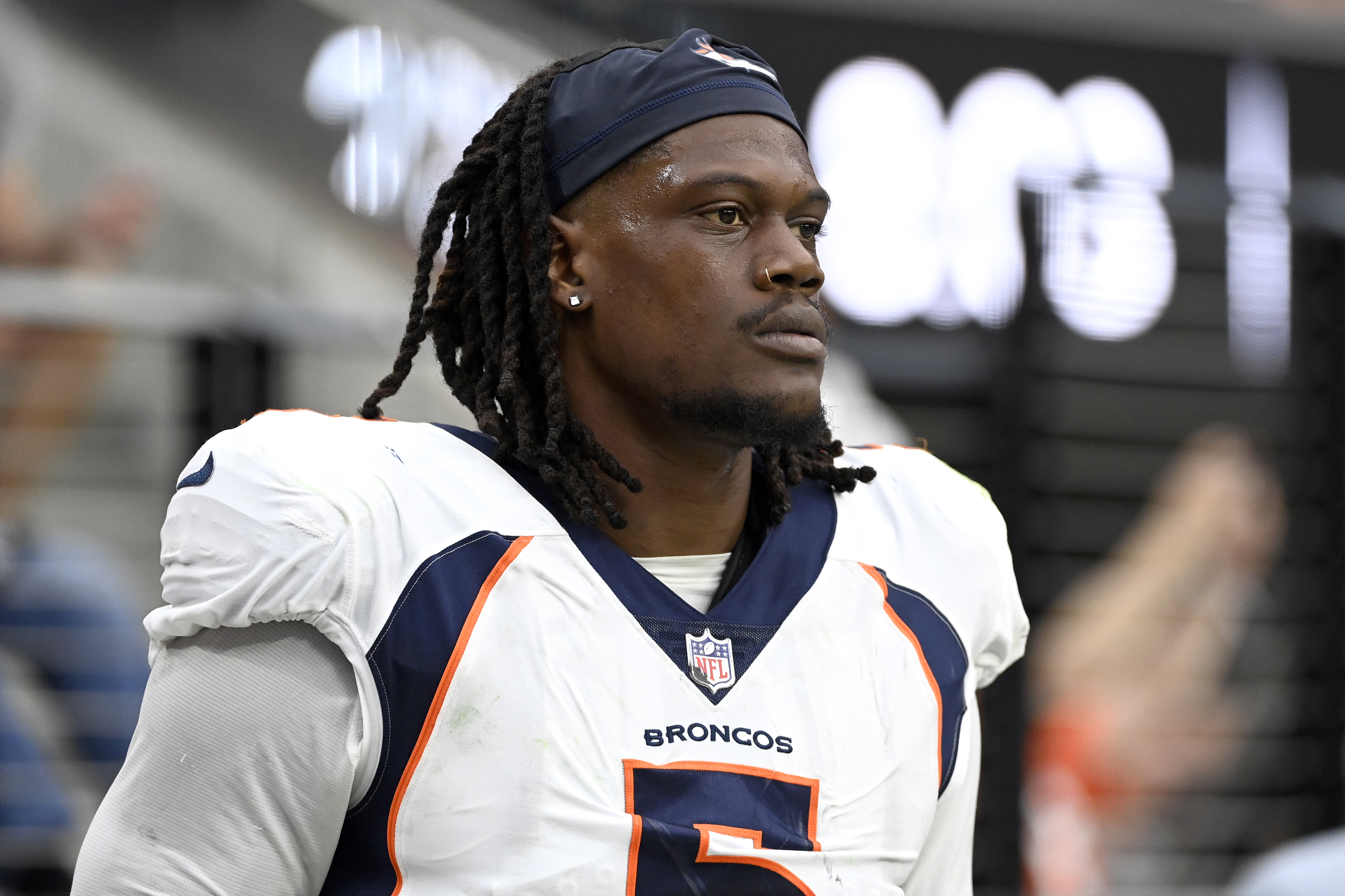 Denver Broncos linebacker Randy Gregory (5) looks on during an NFL football game against the Las Vegas Raiders Sunday, Oct. 2, 2022, in Las Vegas. (AP Photo/David Becker) (GeorgeStoiaBroncos beat writergeorge.stoia@gazette.comhttps://secure.gravatar.com/avatar/5b8854c53e77d2068c18c16523197323?d=mm&r=g)