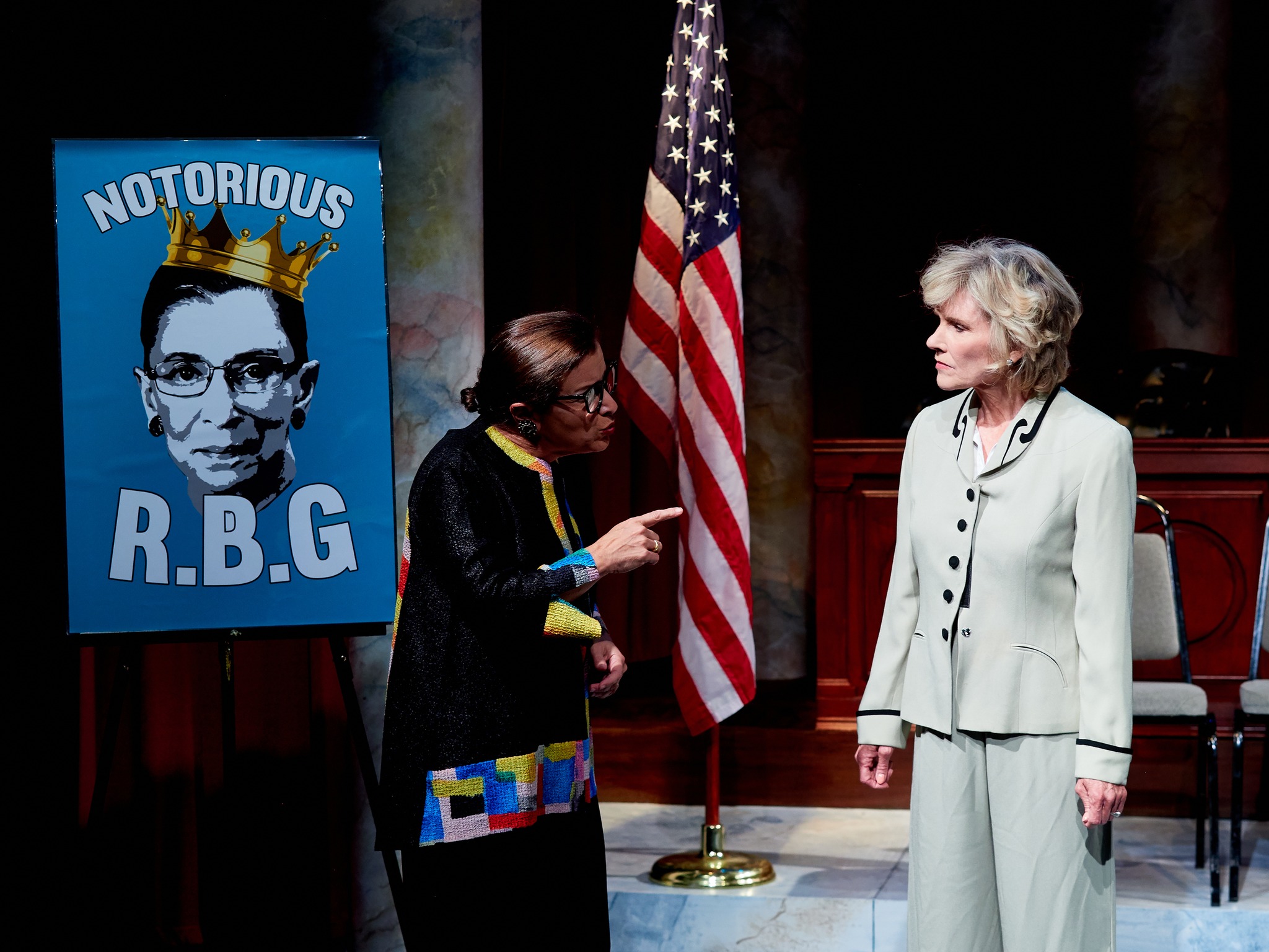 A. Lee Massaro, with Sally Knudsen as Sandra Day O’Connor, in Theatre Or's' Sisters in Law.' (COURTESY BRIAN MILLER)