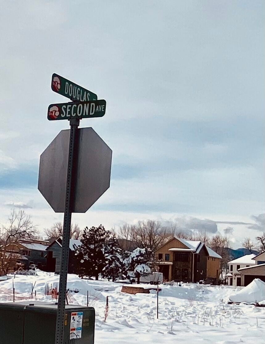 The corner of Douglas and Second Avenue in Original Town Superior Friday, a year after the Marshall fire destroyed the neighborhood. (CAROL MCKINLEY, THE GAZETTE)