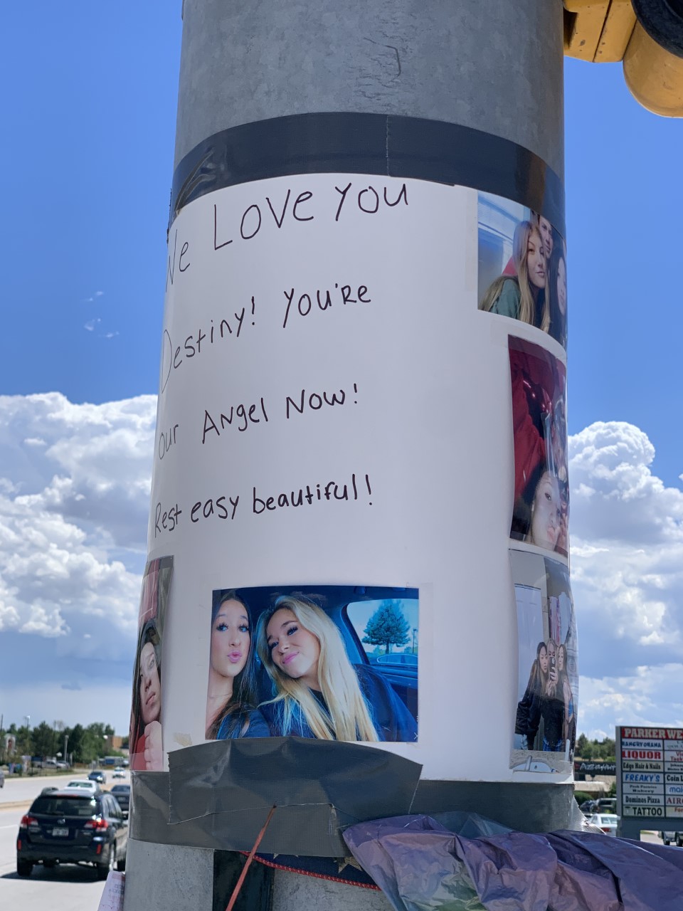 A memorial on the light pole at south Parker Road and east Plaza Drive in Parker created shortly after Destiny Zimmerman, 17, and Loren Harris, 18, were killed there June 29 after a high-speed car crash. The memorial remains today. (DennisHuspeniCity Editordennis.huspeni@gazette.comhttps://denvergazette.com/content/tncms/avatars/c/5a/fbd/c5afbd32-5030-11eb-bdef-030d9de52a9e.779683cee495ffe64766291c251a8894.png)
