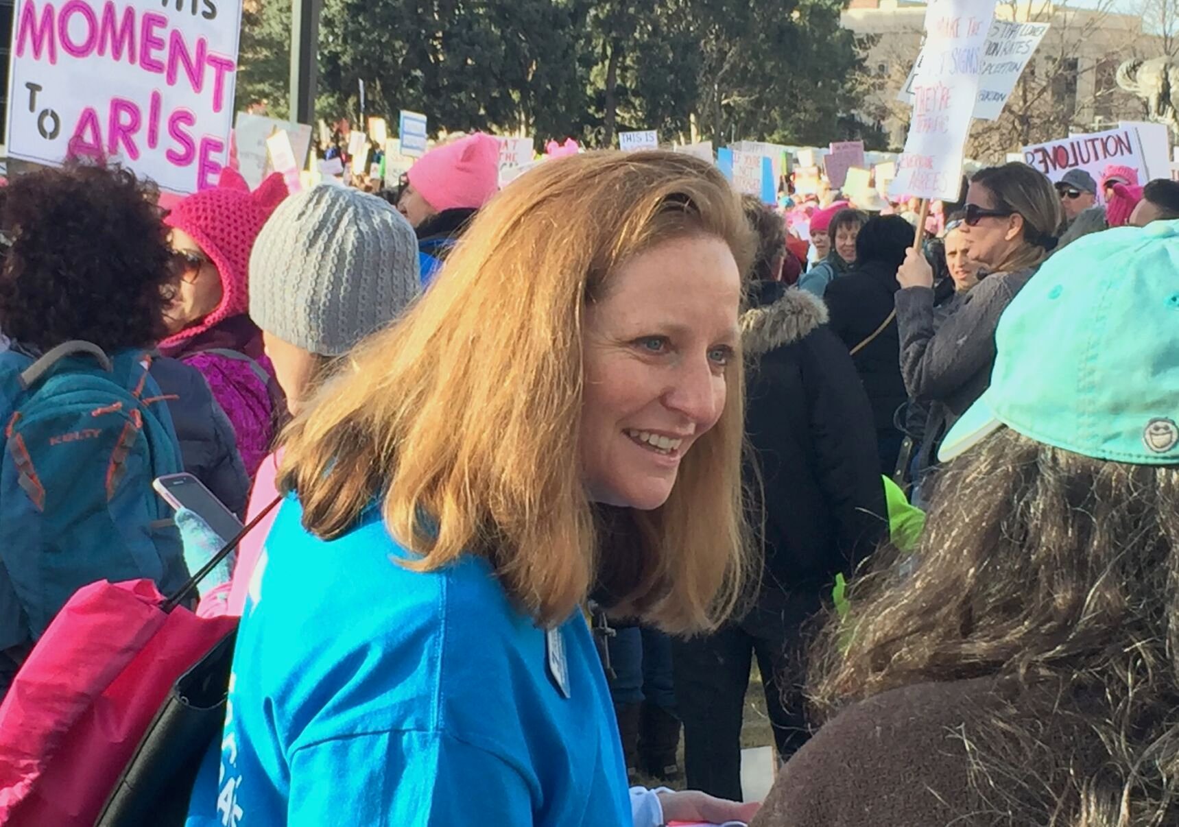 In this file photo, Colorado Democratic Party Chair Morgan Carroll talks to participants at the Denver Women's March on Jan. 20, 2018, at Civc Center. Carroll announced on Wednesday, Dec. 7, 2022, that she isn't seeking a third term as state party chair. ((Ernest Luning/Colorado Politics, File))