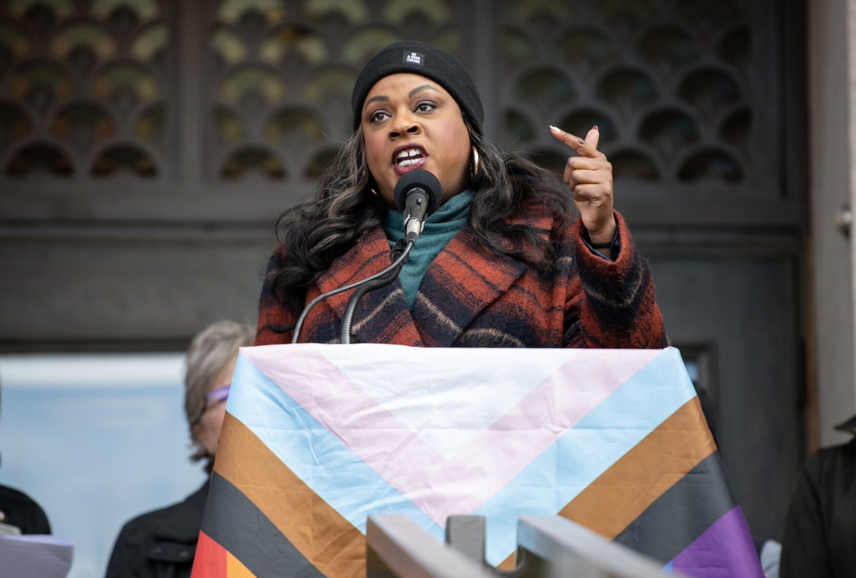 State Rep. Leslie Herod speaks at a flag ceremony during which a historic pride flag was hung from Colorado Springs City Hall on Nov. 23. (The Denver Gazette)
