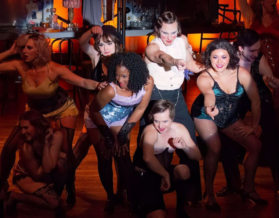 Ethan Walker with the cast of Openstage & Company's 'Cabaret,' directed by Kenny Moten, (STEVE FINNESTEAD/OPENSTAGE)